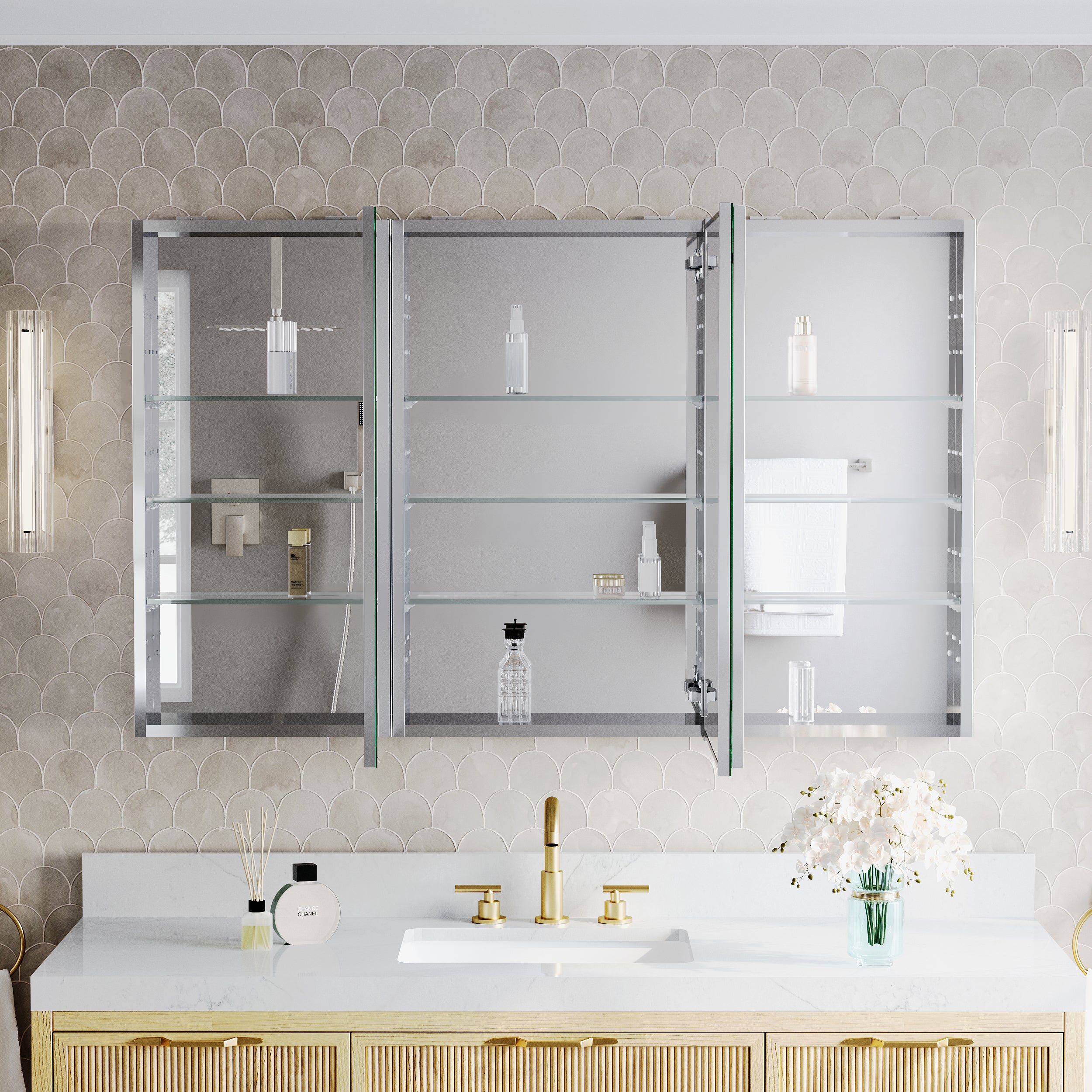 56 in.×32 in.H Aluminum Copper-Free Mirror Medicine Cabinet with Soft-Close Blum® Hinges and Recessed/Surface Mount