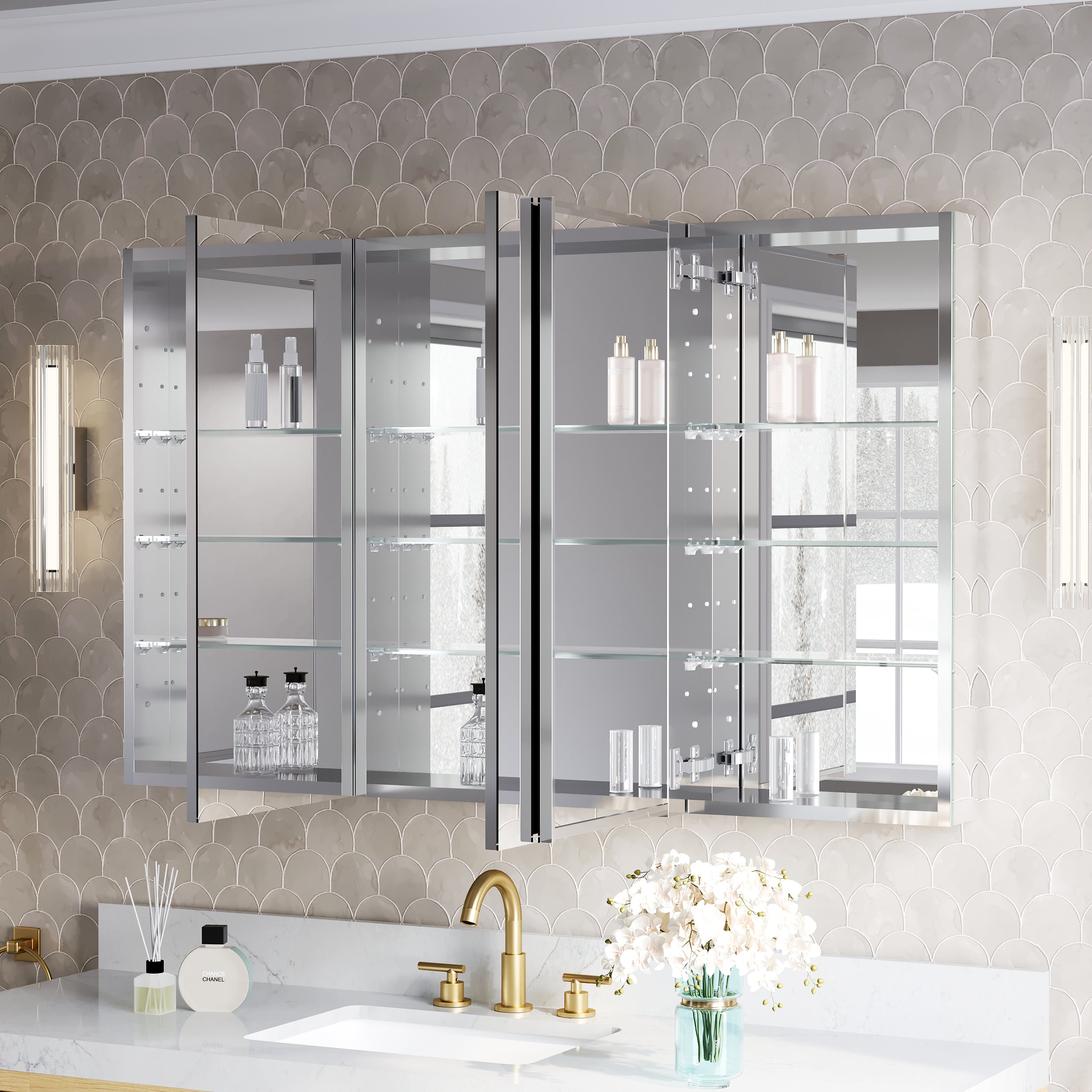 56 in.×32 in.H Aluminum Copper-Free Mirror Medicine Cabinet with Soft-Close Blum® Hinges and Recessed/Surface Mount