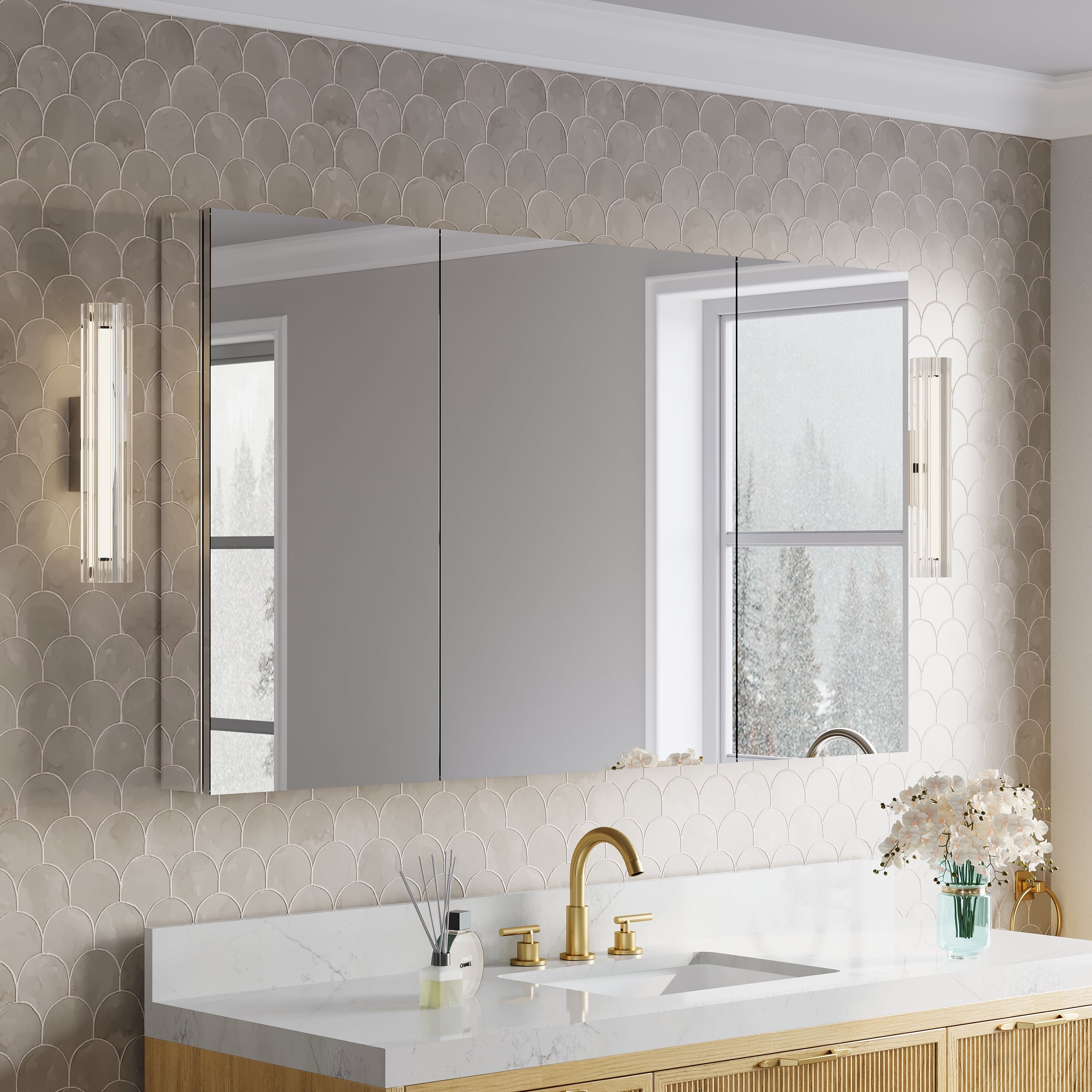 56 in.×32 in.H Aluminum Copper-Free Mirror Medicine Cabinet with Soft-Close Blum® Hinges and Recessed/Surface Mount