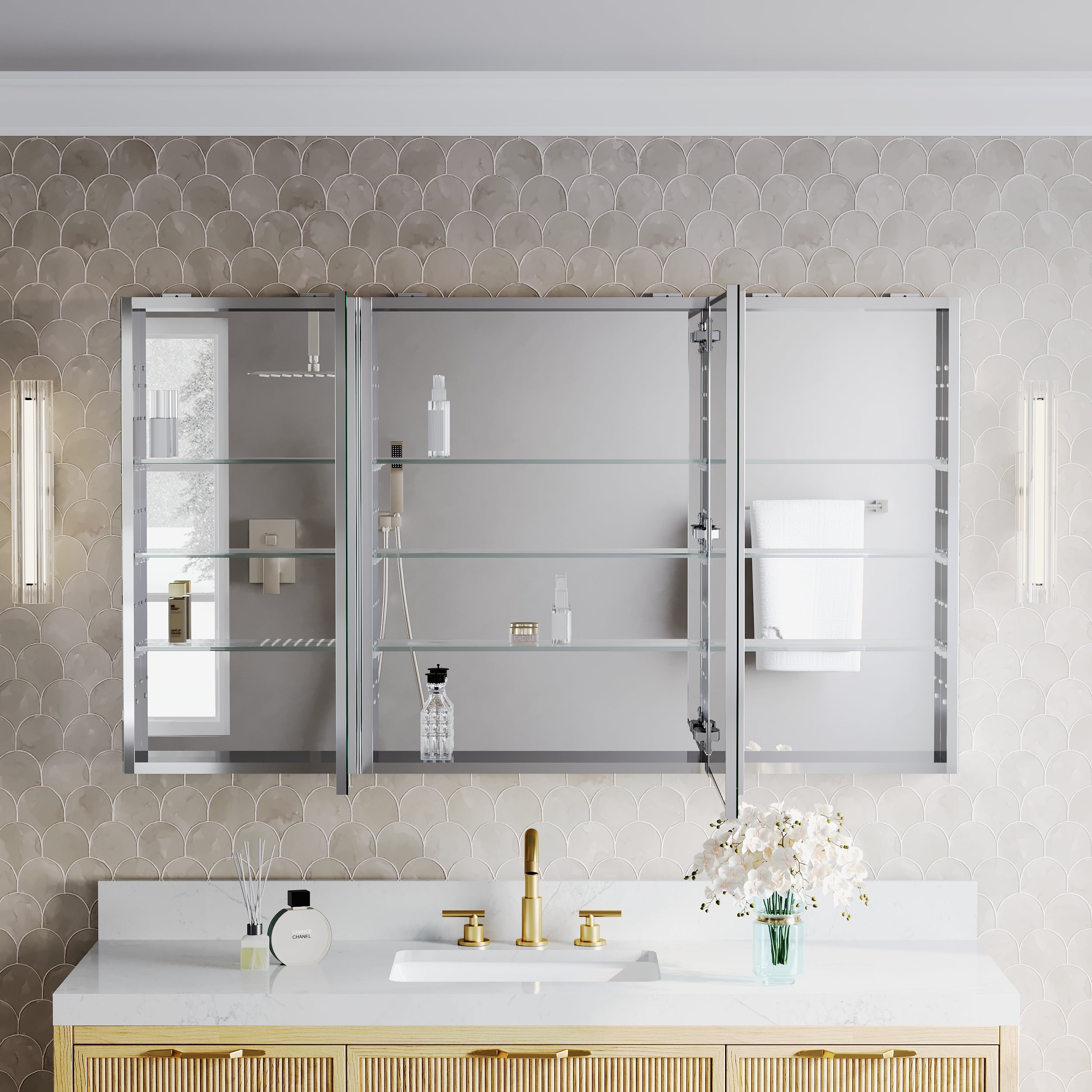 56 in.×32 in.H Aluminum Copper-Free Mirror Medicine Cabinet with Soft-Close Blum® Hinges and Recessed/Surface Mount