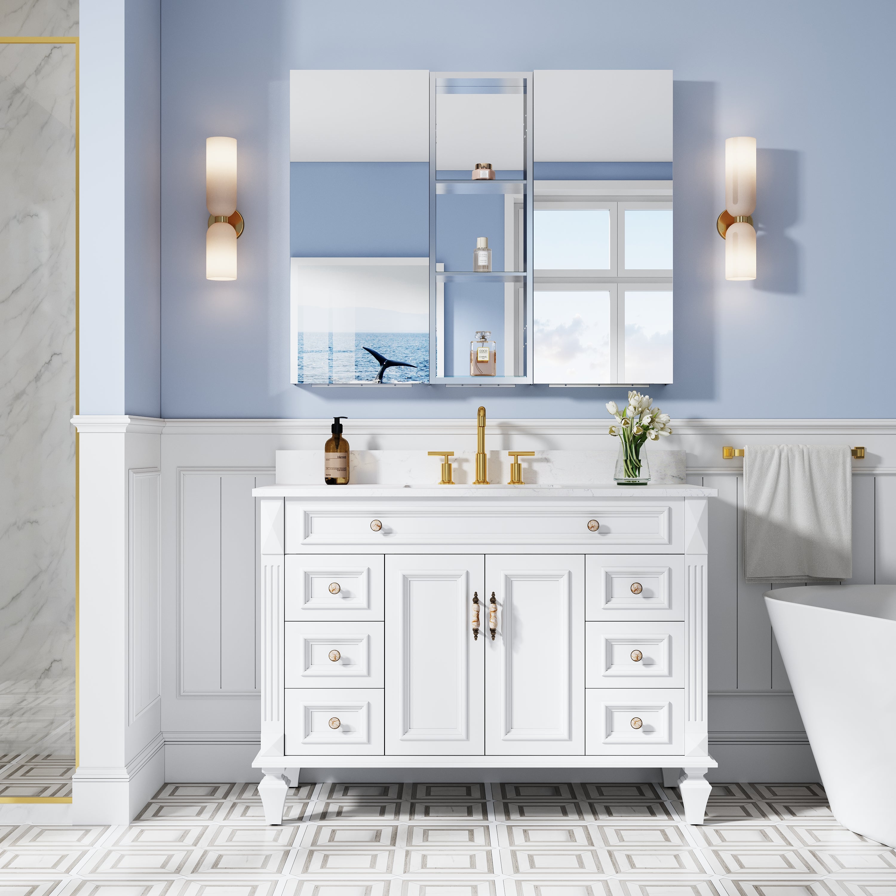 44 in. ×36 in. Bathroom Medicine Cabinet Set with Copper-Free Tri-View Mirror and Open Side Cabinet, Recessed or Surface Mount