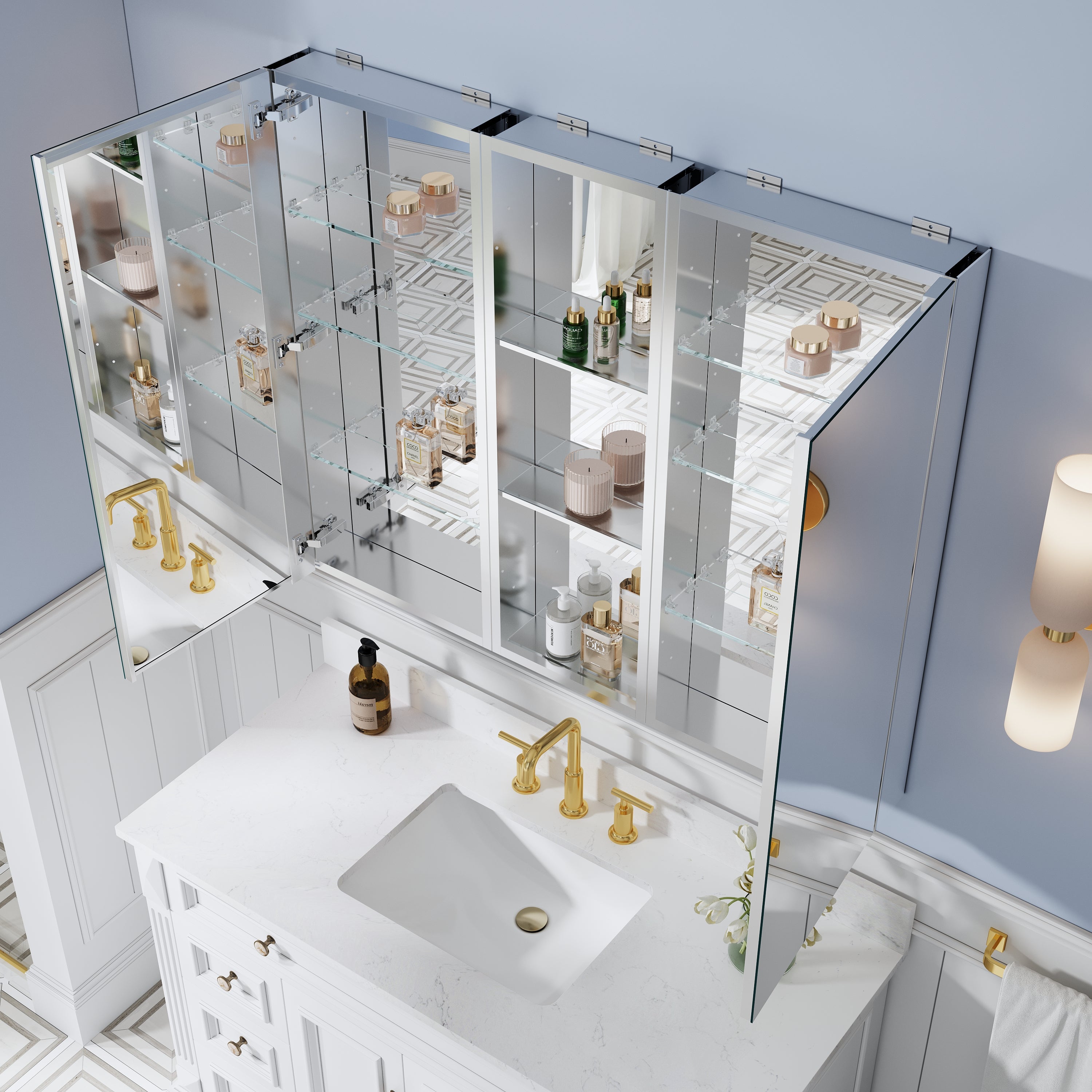 44 in. ×36 in. Bathroom Medicine Cabinet Set with Copper-Free Tri-View Mirror and Open Side Cabinet, Recessed or Surface Mount