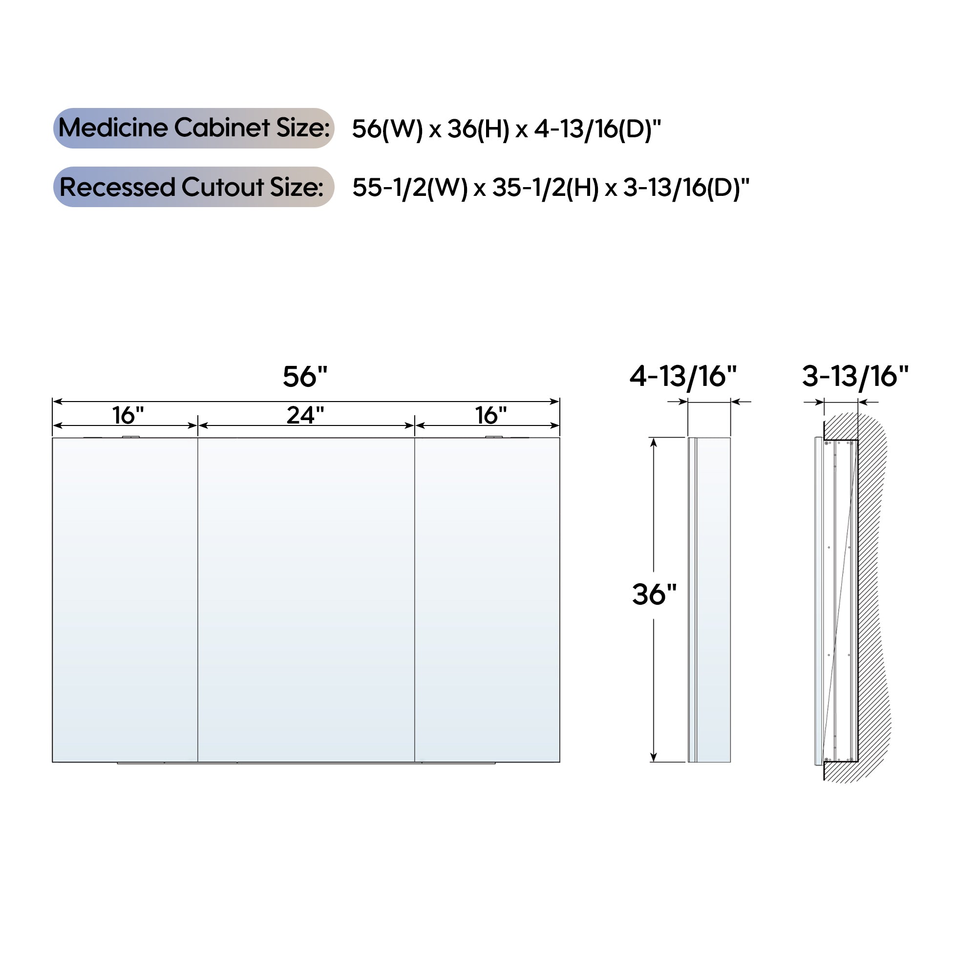 56 in. ×36 in. Copper-Free Tri-Views Mirror Medicine Cabinet with Adjustable Shelves and 3 Doors