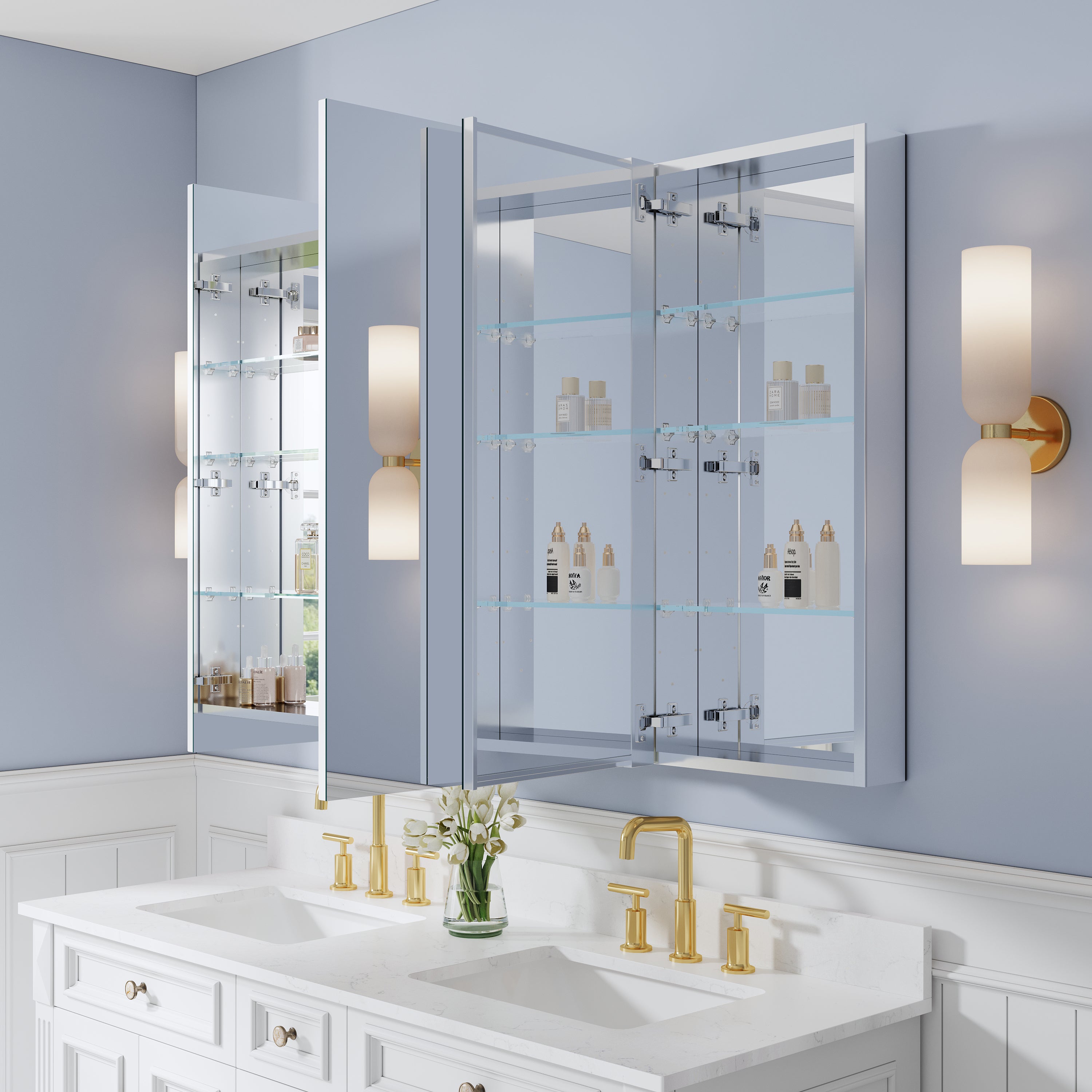 56 in. ×36 in. Copper-Free Tri-Views Mirror Medicine Cabinet with Adjustable Shelves and 3 Doors