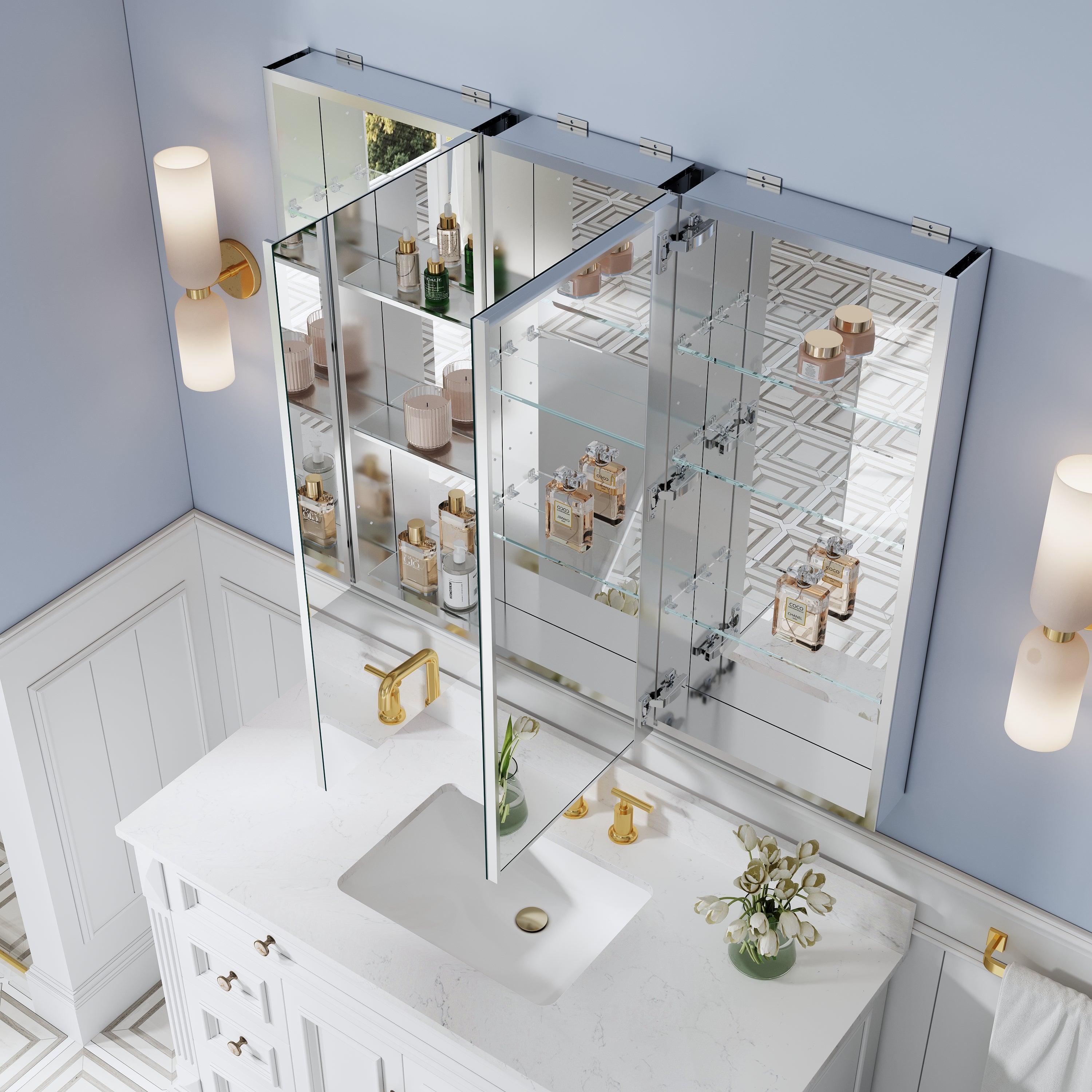 44 in. ×36 in. Bathroom Medicine Cabinet Set with Copper-Free Tri-View Mirror and Open Side Cabinet, Recessed or Surface Mount