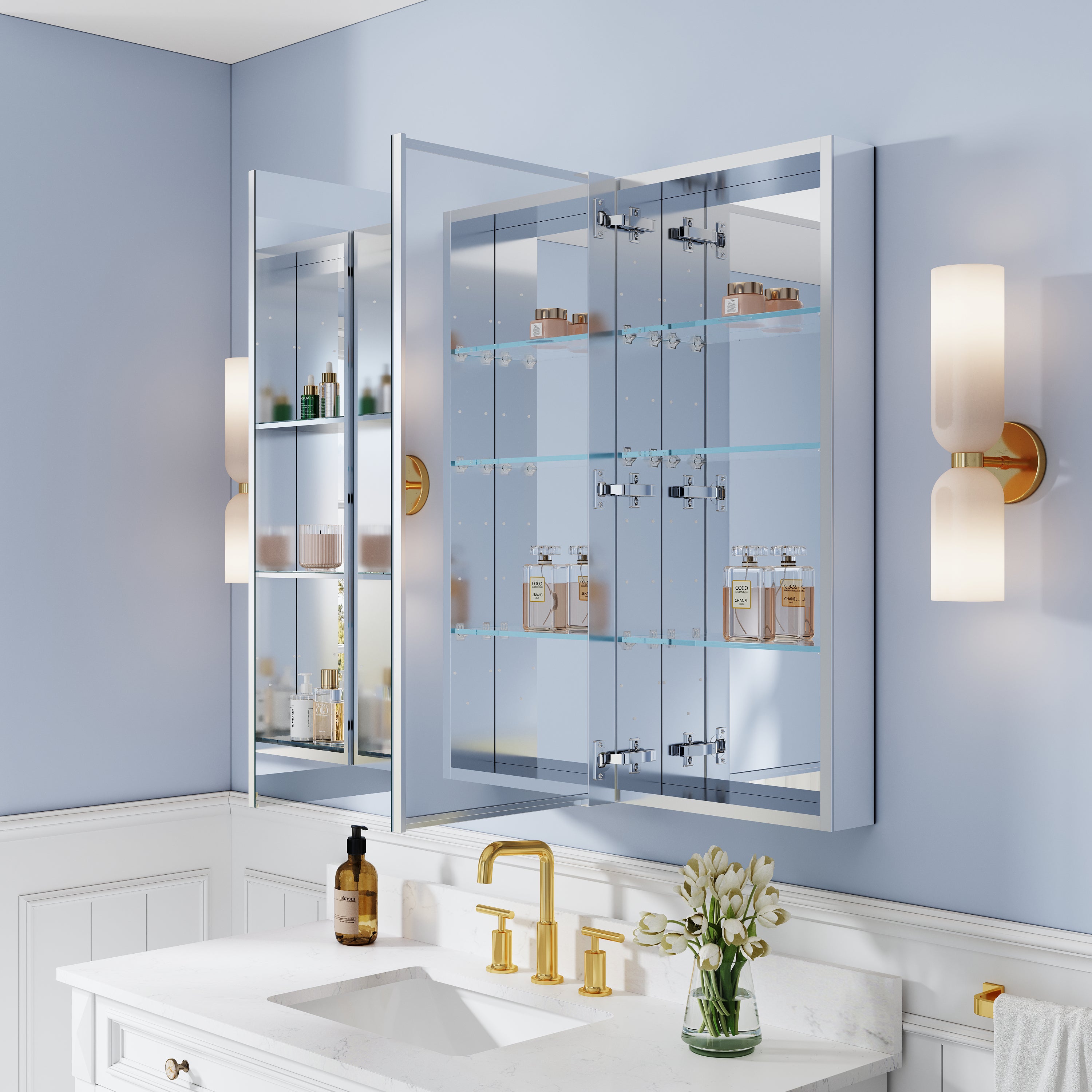 44 in. ×36 in. Bathroom Medicine Cabinet Set with Copper-Free Tri-View Mirror and Open Side Cabinet, Recessed or Surface Mount