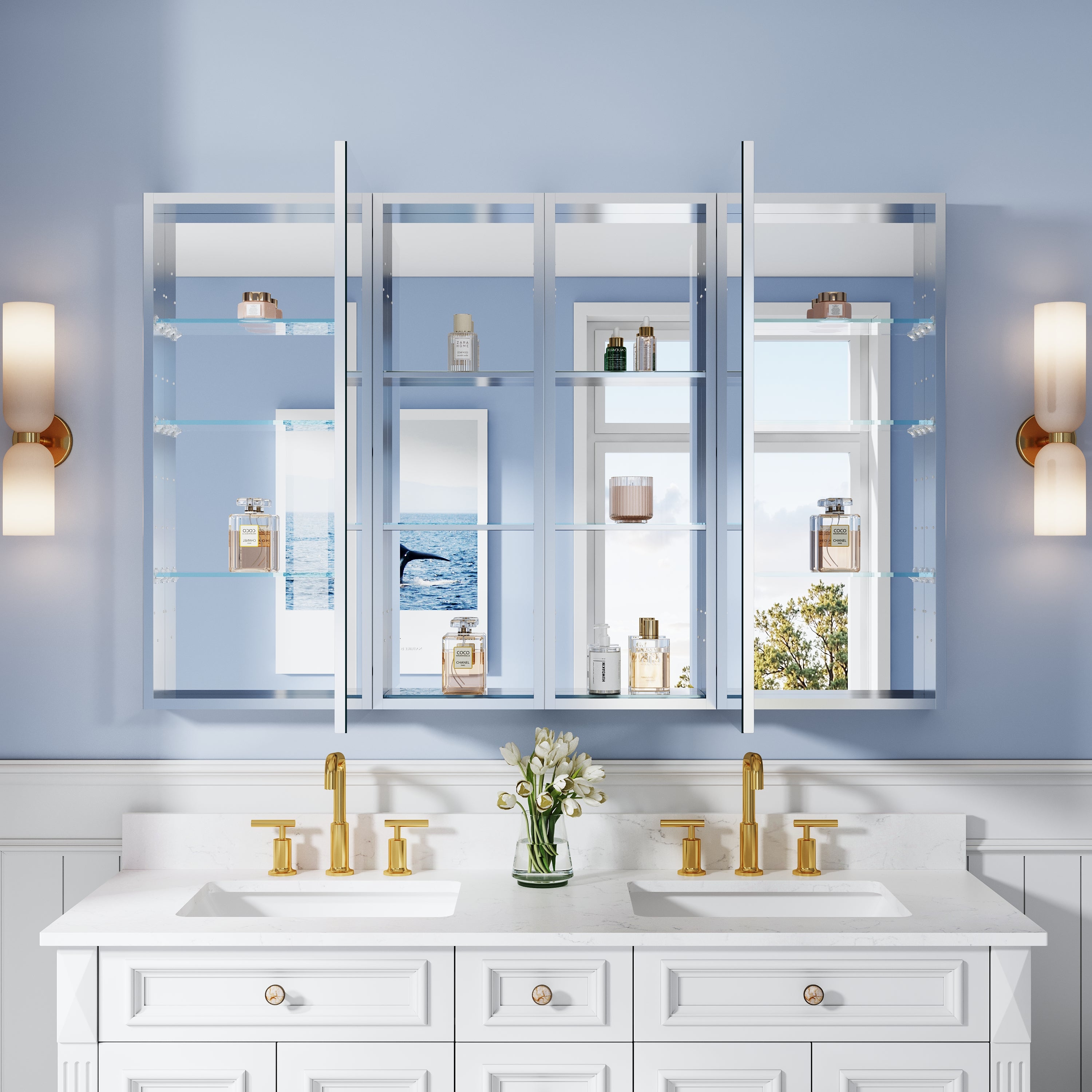 56 in. ×36 in. Bathroom Medicine Cabinet Set with Copper-Free Tri-View Mirror and Open Side Cabinet, Recessed or Surface Mount