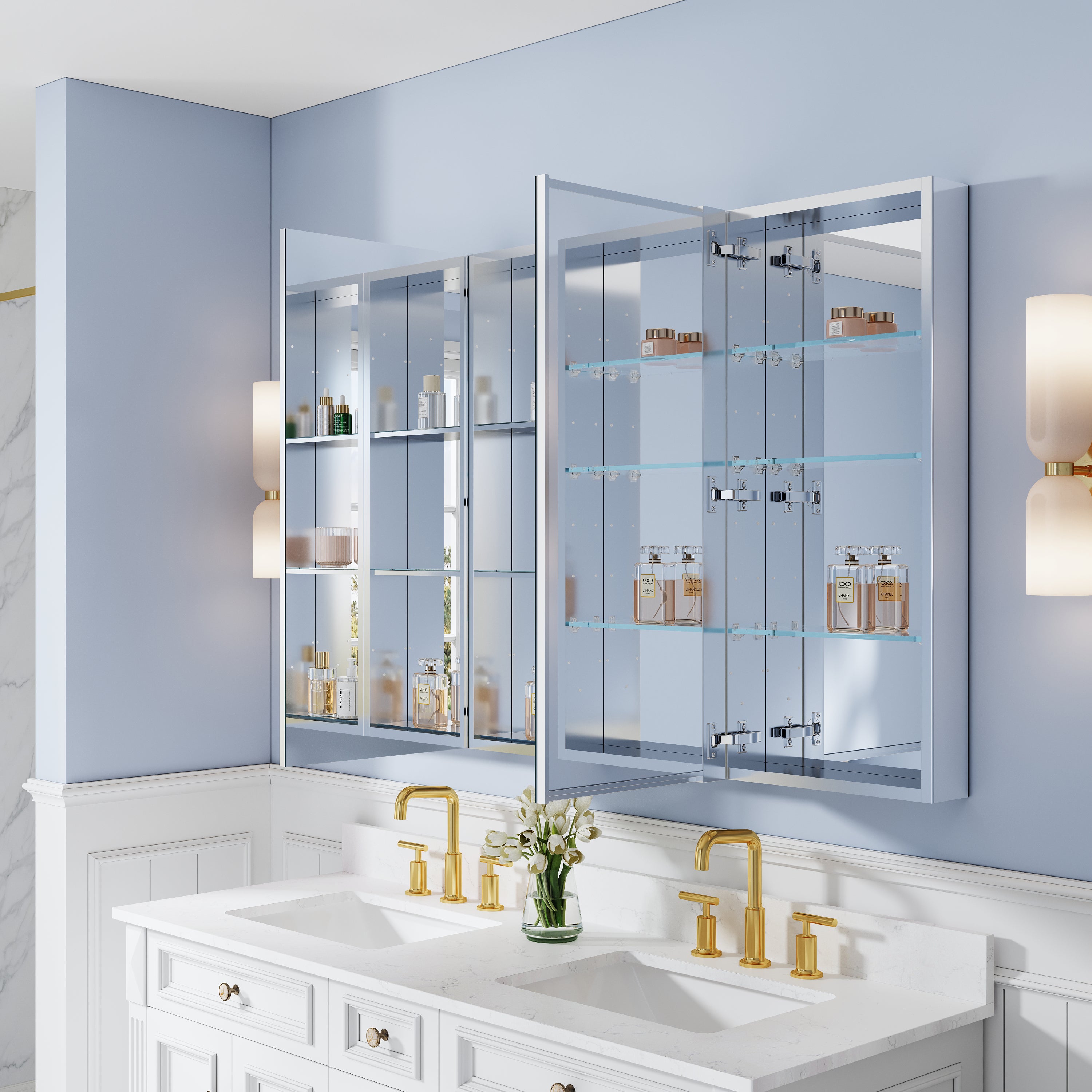 56 in. ×36 in. Bathroom Medicine Cabinet Set with Copper-Free Tri-View Mirror and Open Side Cabinet, Recessed or Surface Mount