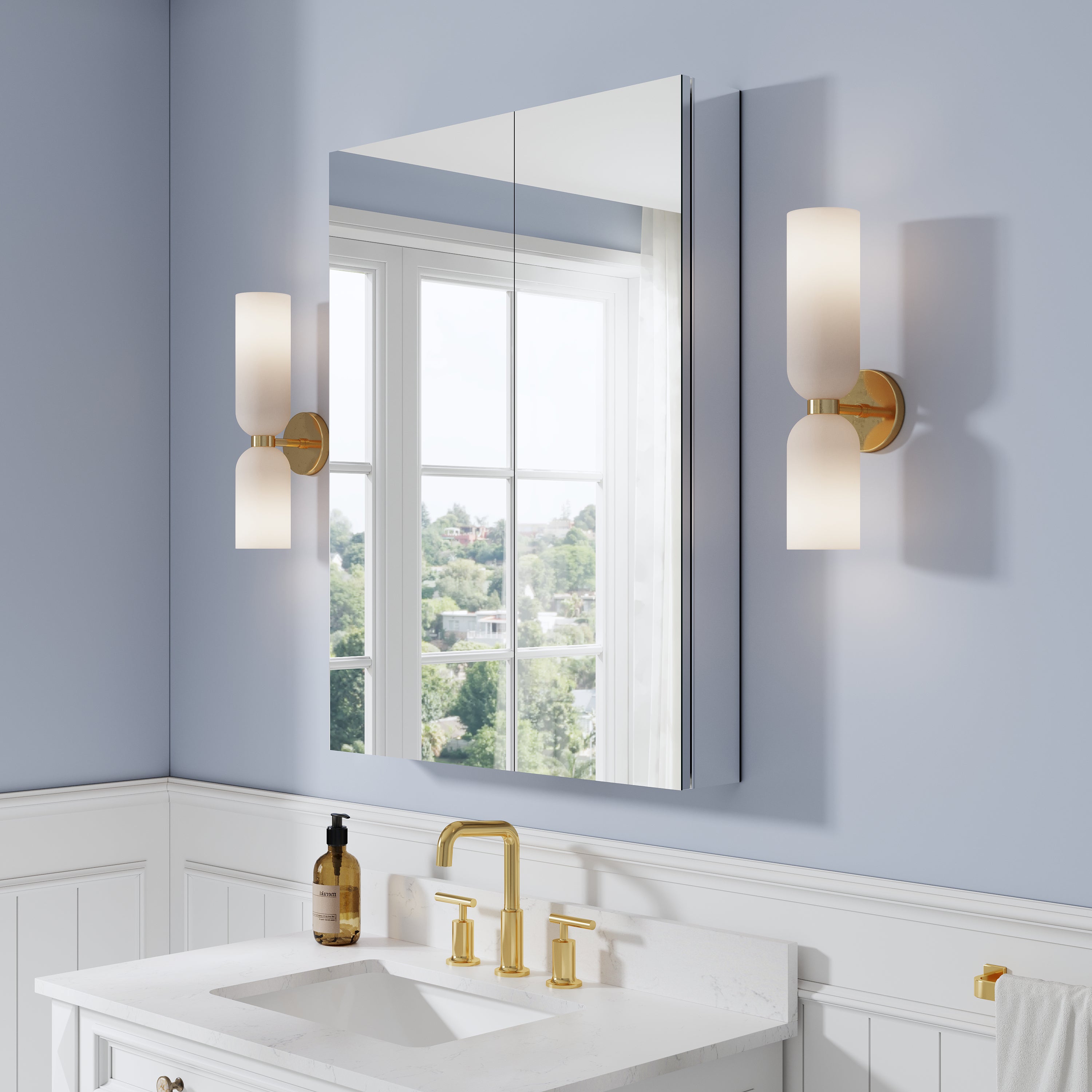 28 in. ×36 in. Copper-Free Tri-Views Mirror Medicine Cabinet with Adjustable Shelves and Dual Swing Doors