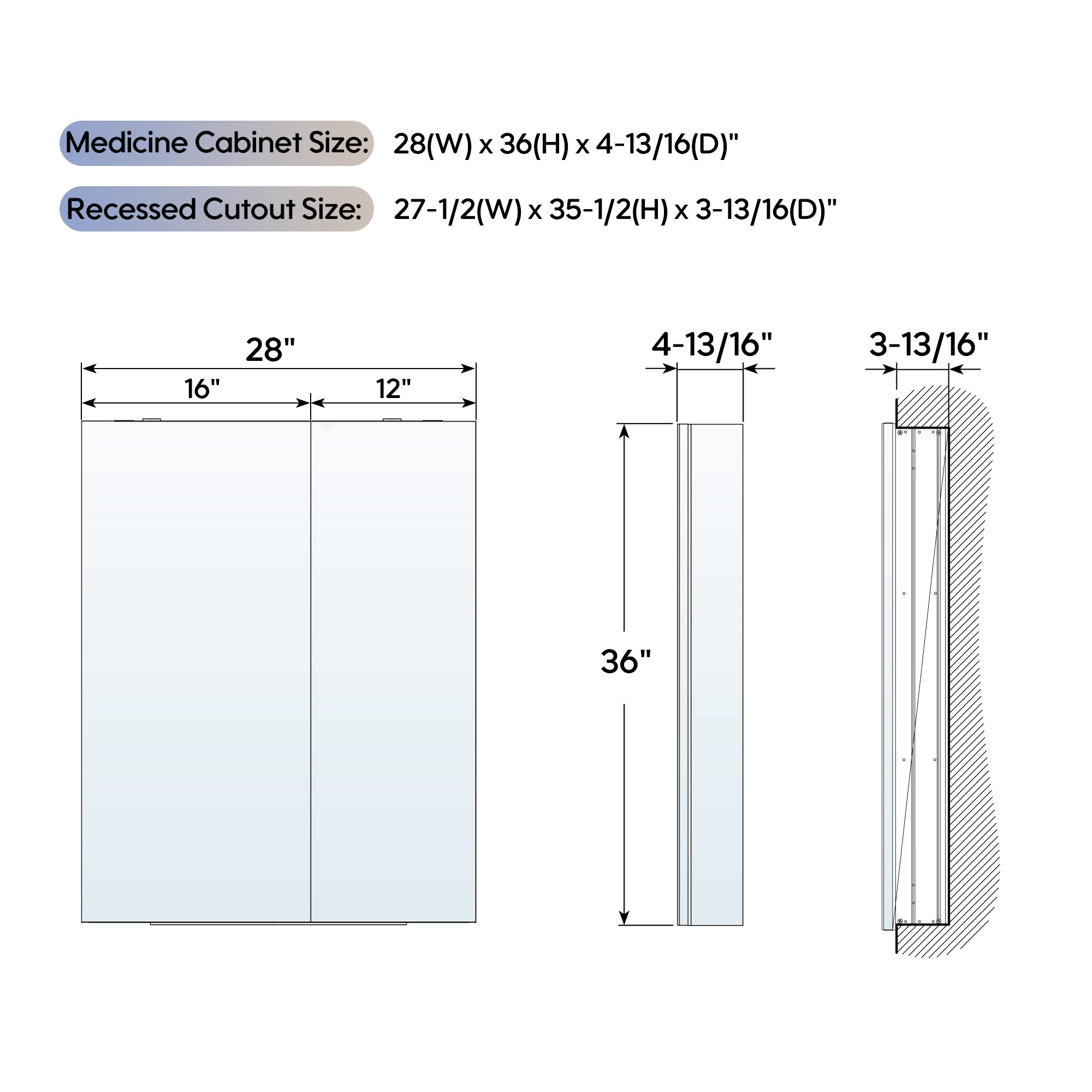 28 in. ×36 in. Copper-Free Tri-Views Mirror Medicine Cabinet with Adjustable Shelves and Dual Swing Doors