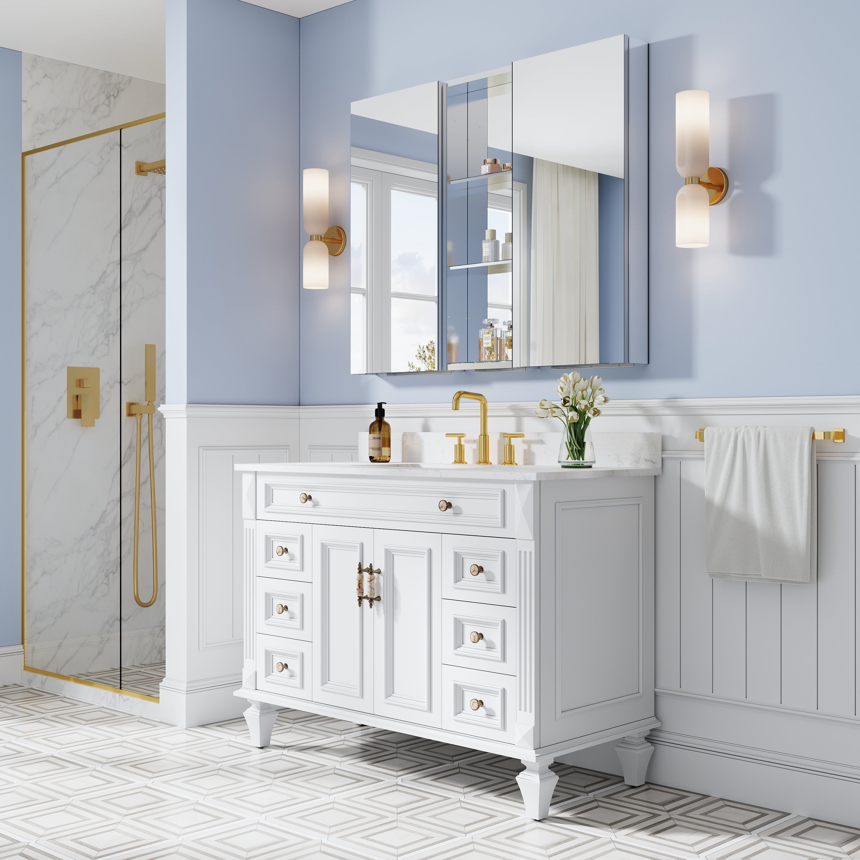 44 in. ×36 in. Bathroom Medicine Cabinet Set with Copper-Free Tri-View Mirror and Open Side Cabinet, Recessed or Surface Mount