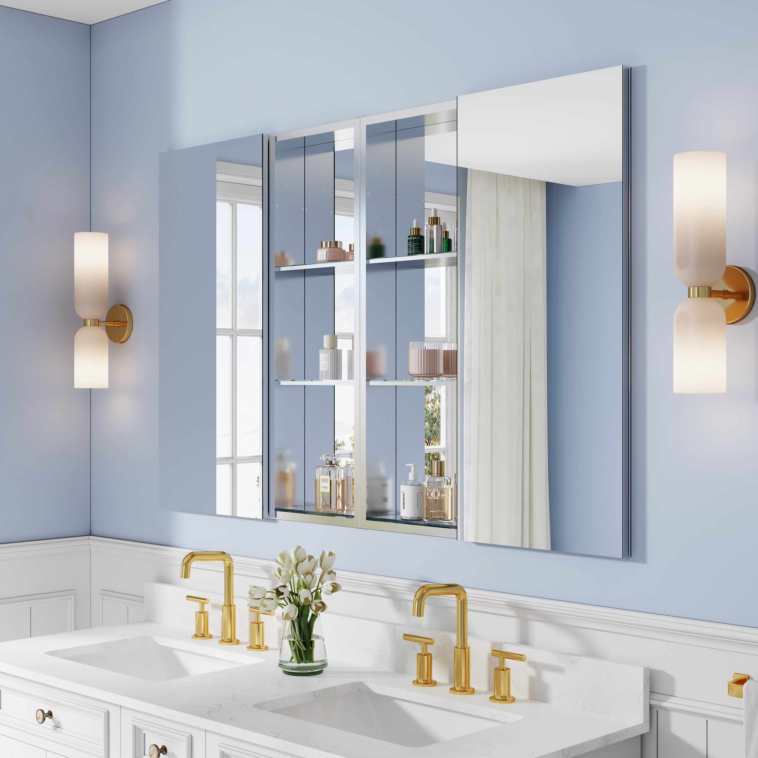 56 in. ×36 in. Bathroom Medicine Cabinet Set with Copper-Free Tri-View Mirror and Open Side Cabinet, Recessed or Surface Mount