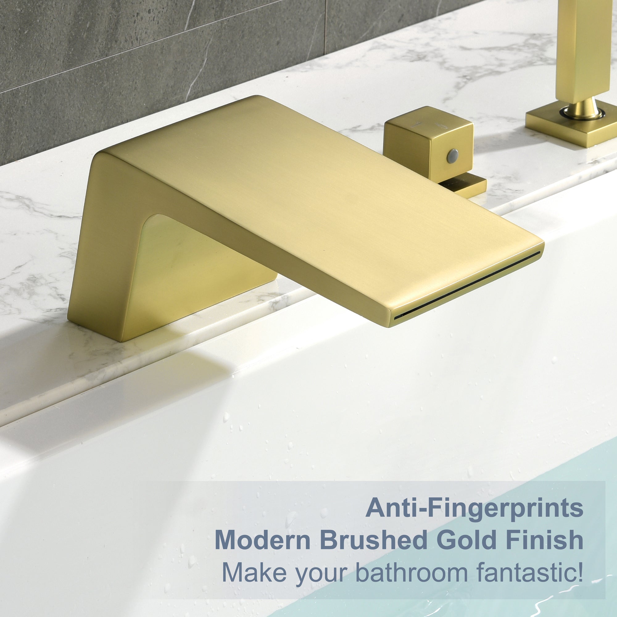 Single-Handle Tub Deck Mount Roman Tub Faucet with Hand Shower and Water Suply Hose in Brushed Gold