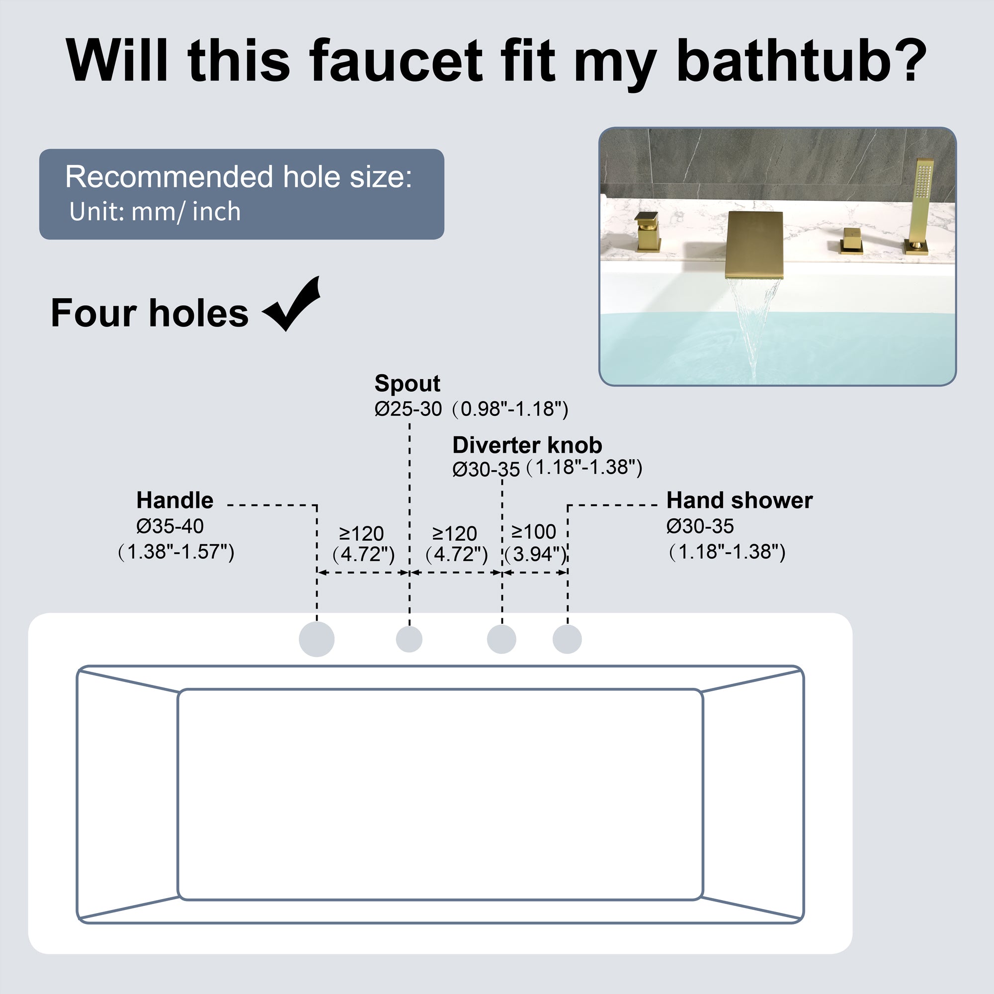 Single-Handle Tub Deck Mount Roman Tub Faucet with Hand Shower and Water Suply Hose in Brushed Gold