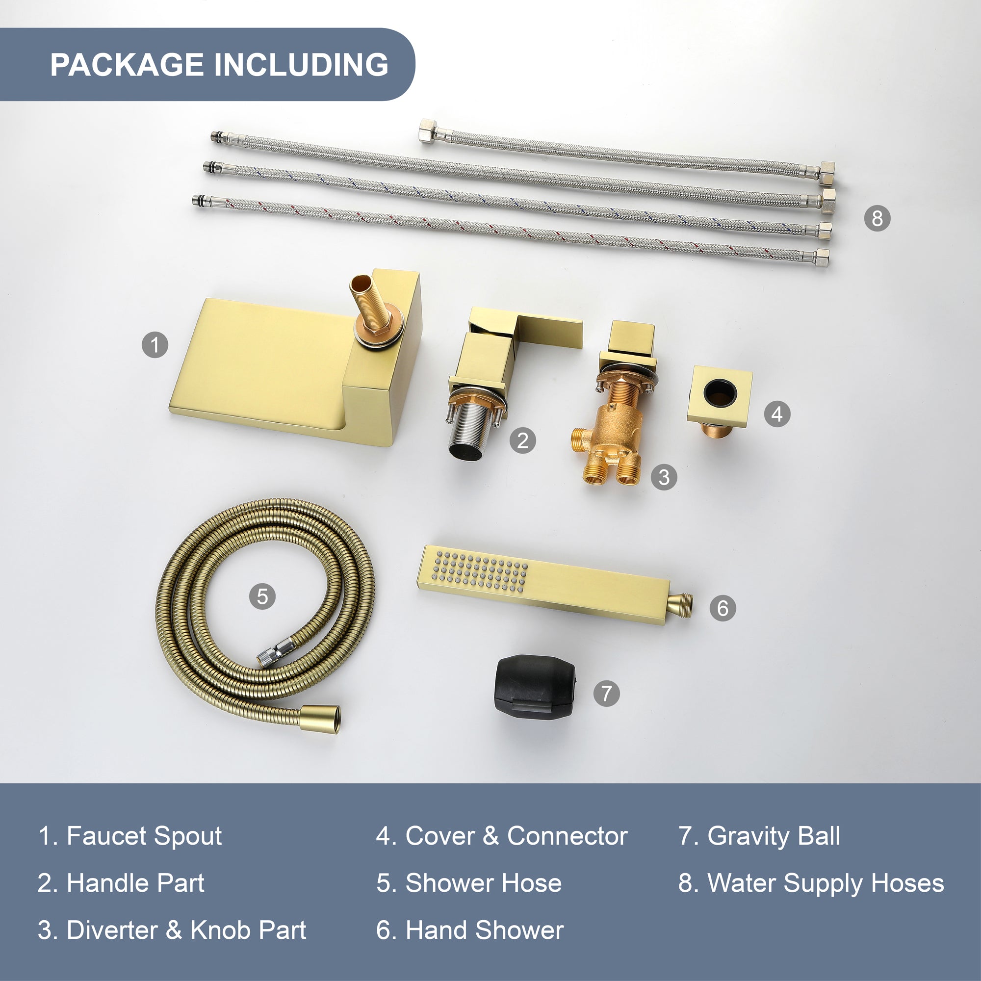 Single-Handle Tub Deck Mount Roman Tub Faucet with Hand Shower and Water Suply Hose in Brushed Gold