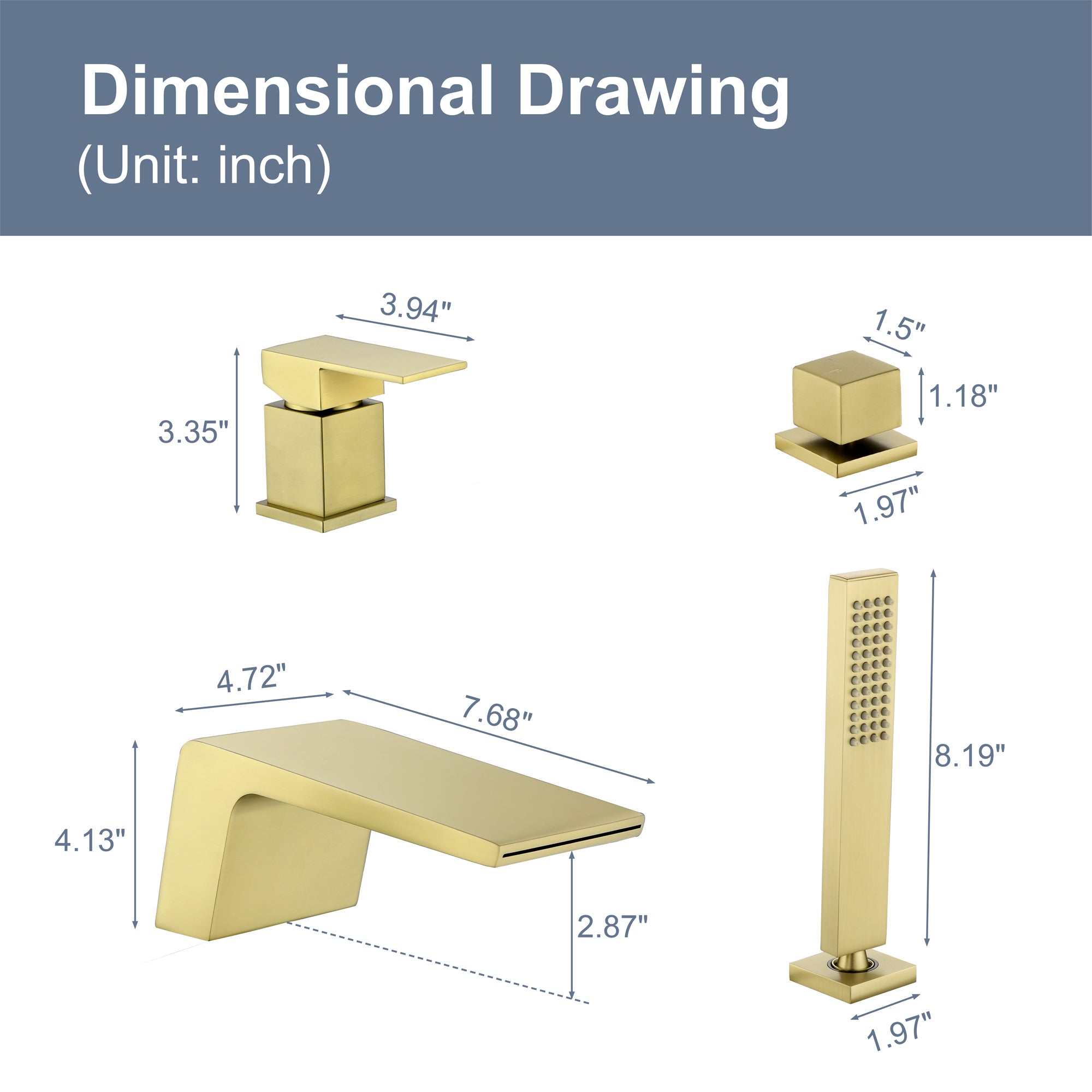 Single-Handle Tub Deck Mount Roman Tub Faucet with Hand Shower and Water Suply Hose in Brushed Gold