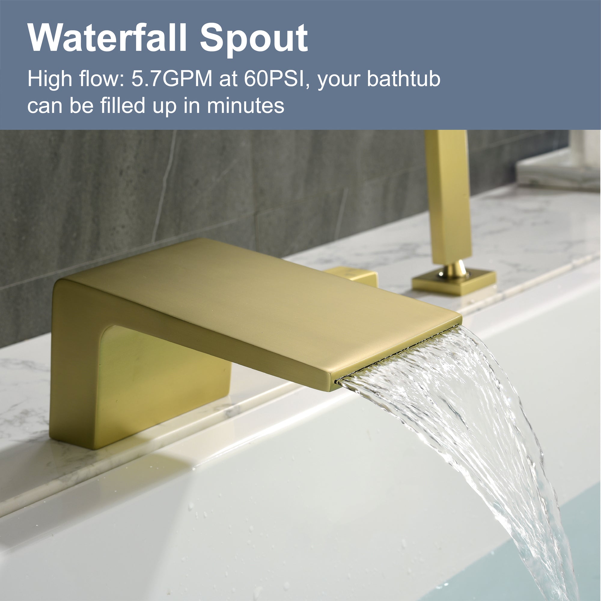 Single-Handle Tub Deck Mount Roman Tub Faucet with Hand Shower and Water Suply Hose in Brushed Gold