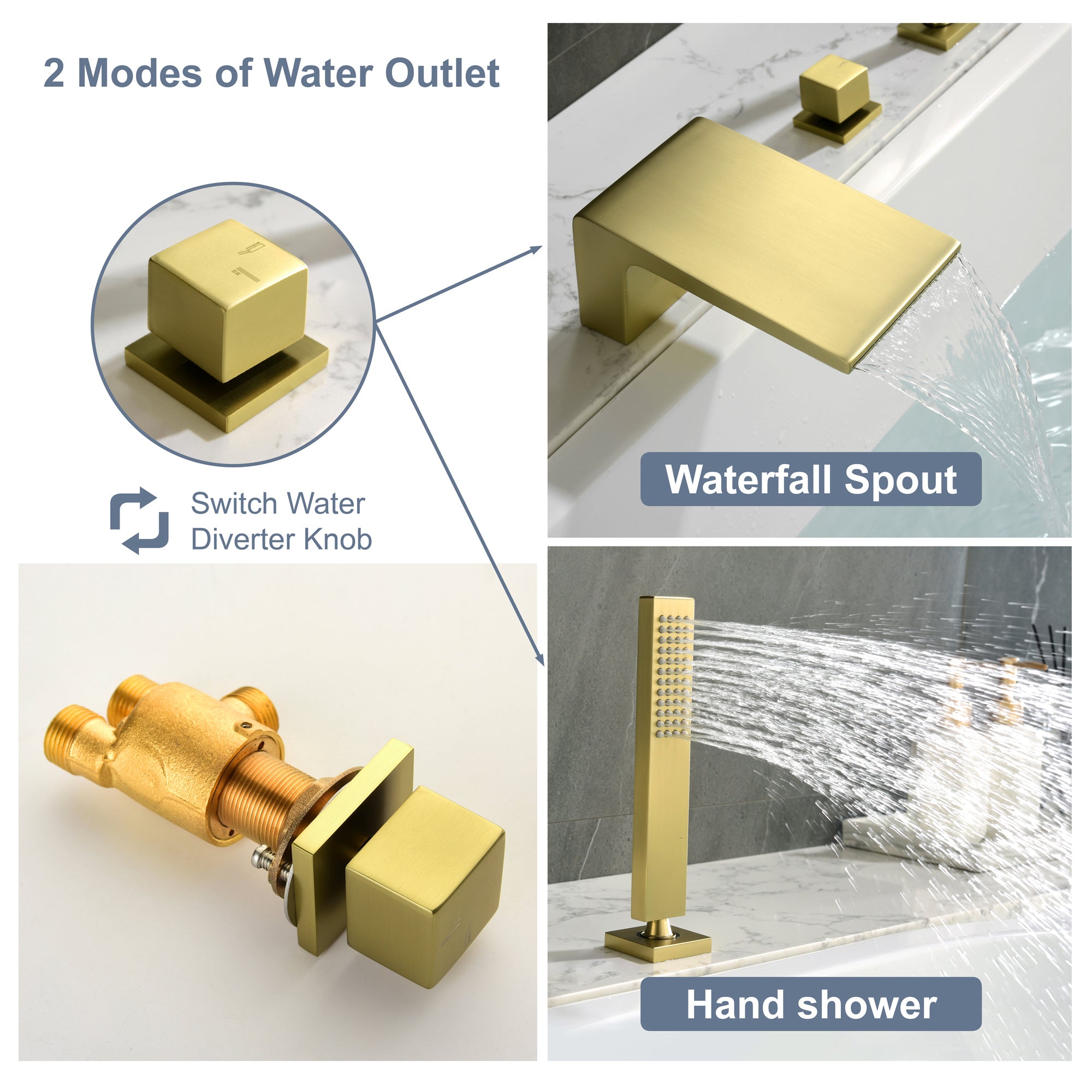 Single-Handle Tub Deck Mount Roman Tub Faucet with Hand Shower and Water Suply Hose in Brushed Gold