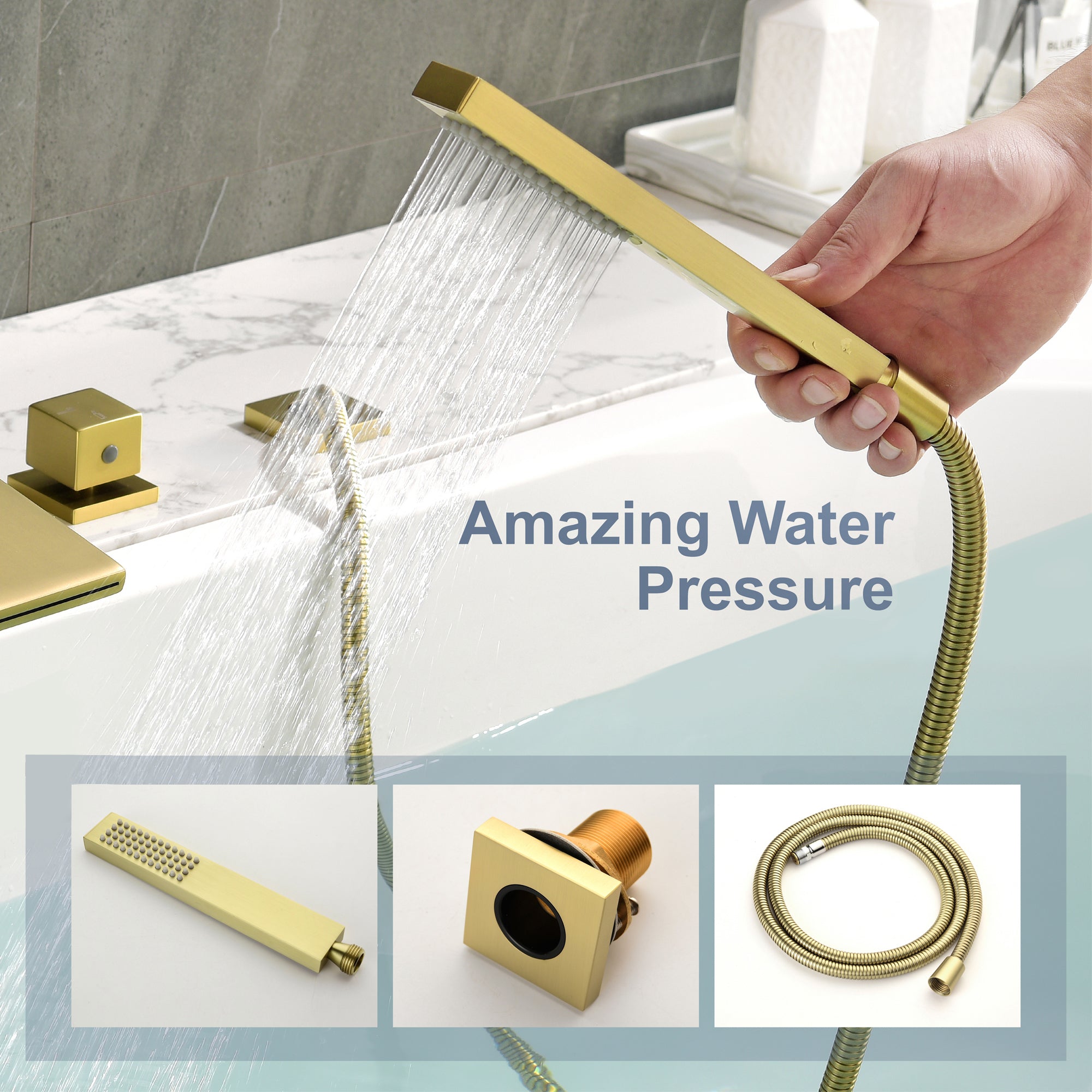 Single-Handle Tub Deck Mount Roman Tub Faucet with Hand Shower and Water Suply Hose in Brushed Gold