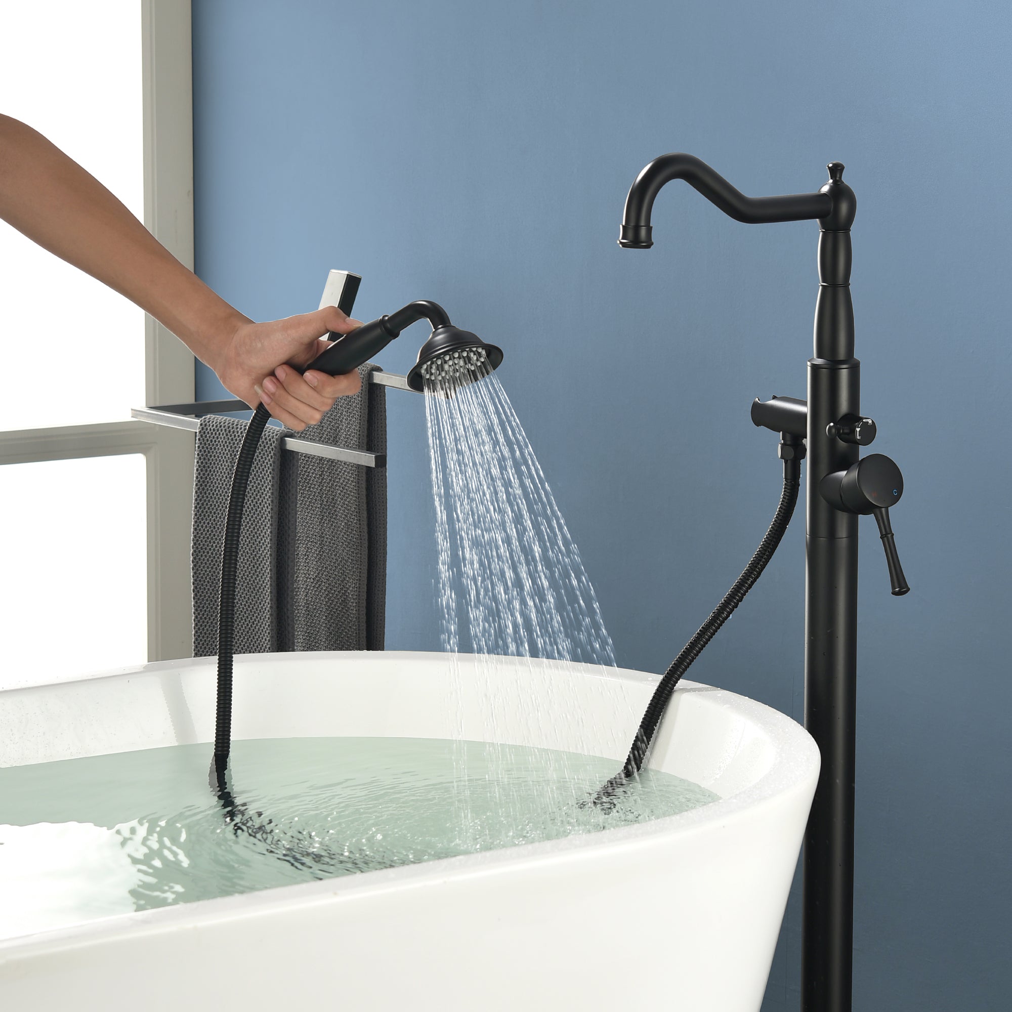 Freestanding Floor Mount Tub Faucet with 360° Swivel Spout, Brass Body & SUS304 Hand Shower