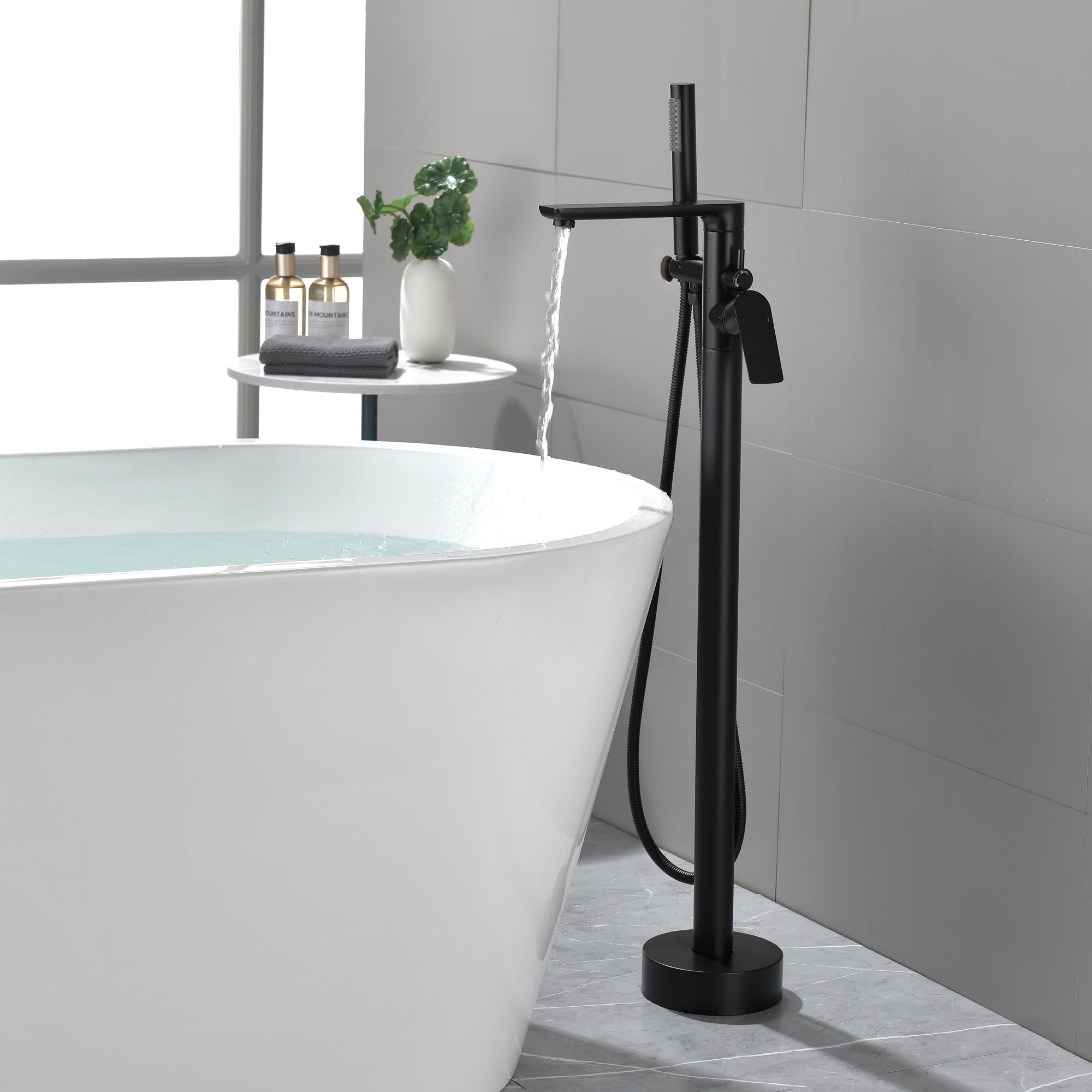 Single Handle Dual Control Floor Mounted Freestanding Bathtub Faucet with Hand Shower