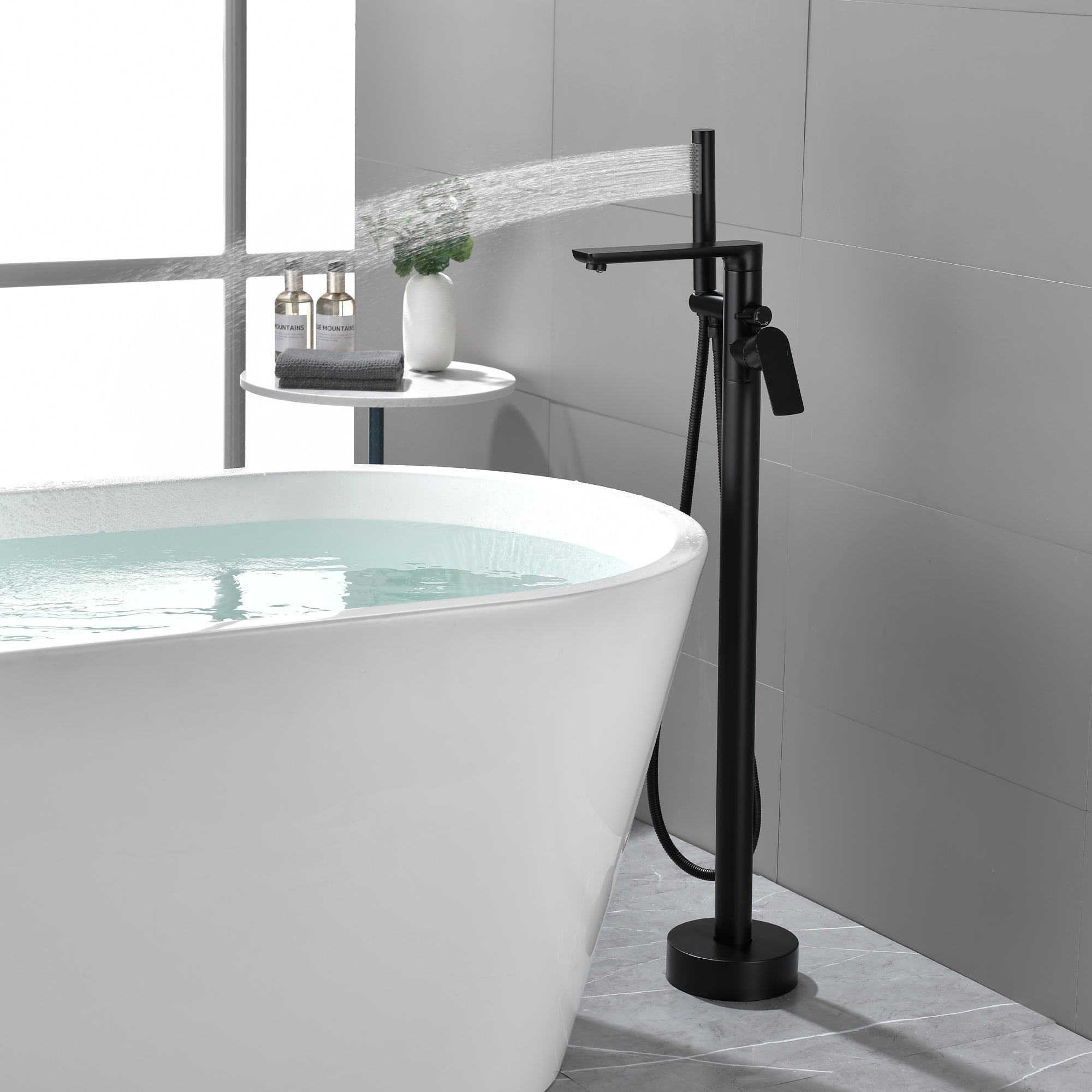 Single Handle Dual Control Floor Mounted Freestanding Bathtub Faucet with Hand Shower