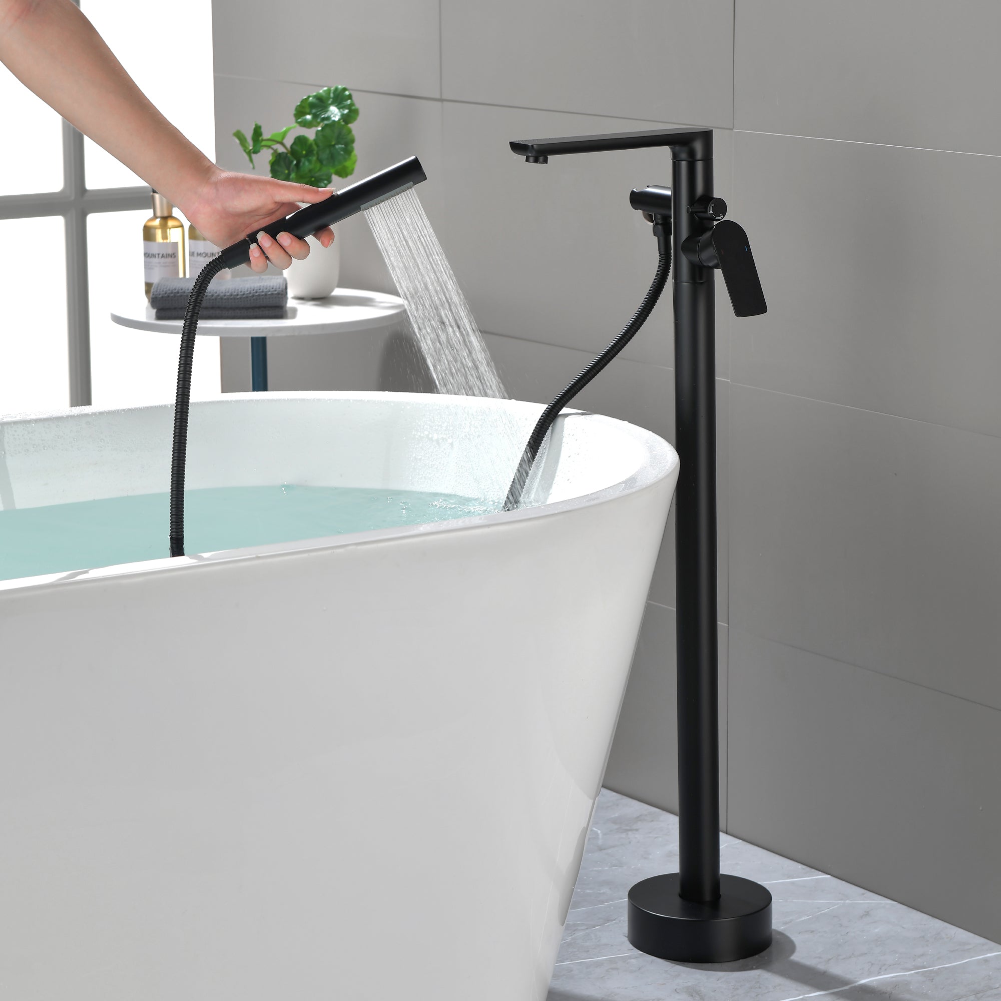 Single Handle Dual Control Floor Mounted Freestanding Bathtub Faucet with Hand Shower
