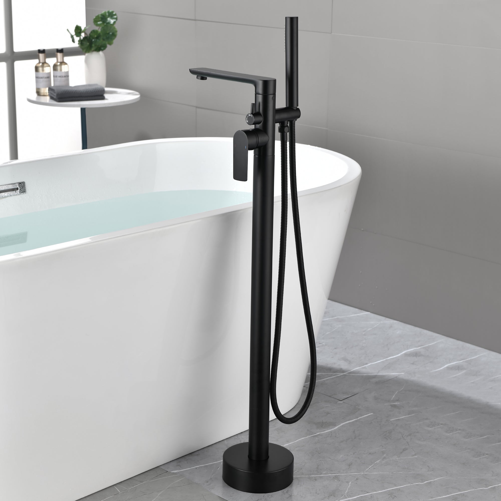 Single Handle Dual Control Floor Mounted Freestanding Bathtub Faucet with Hand Shower