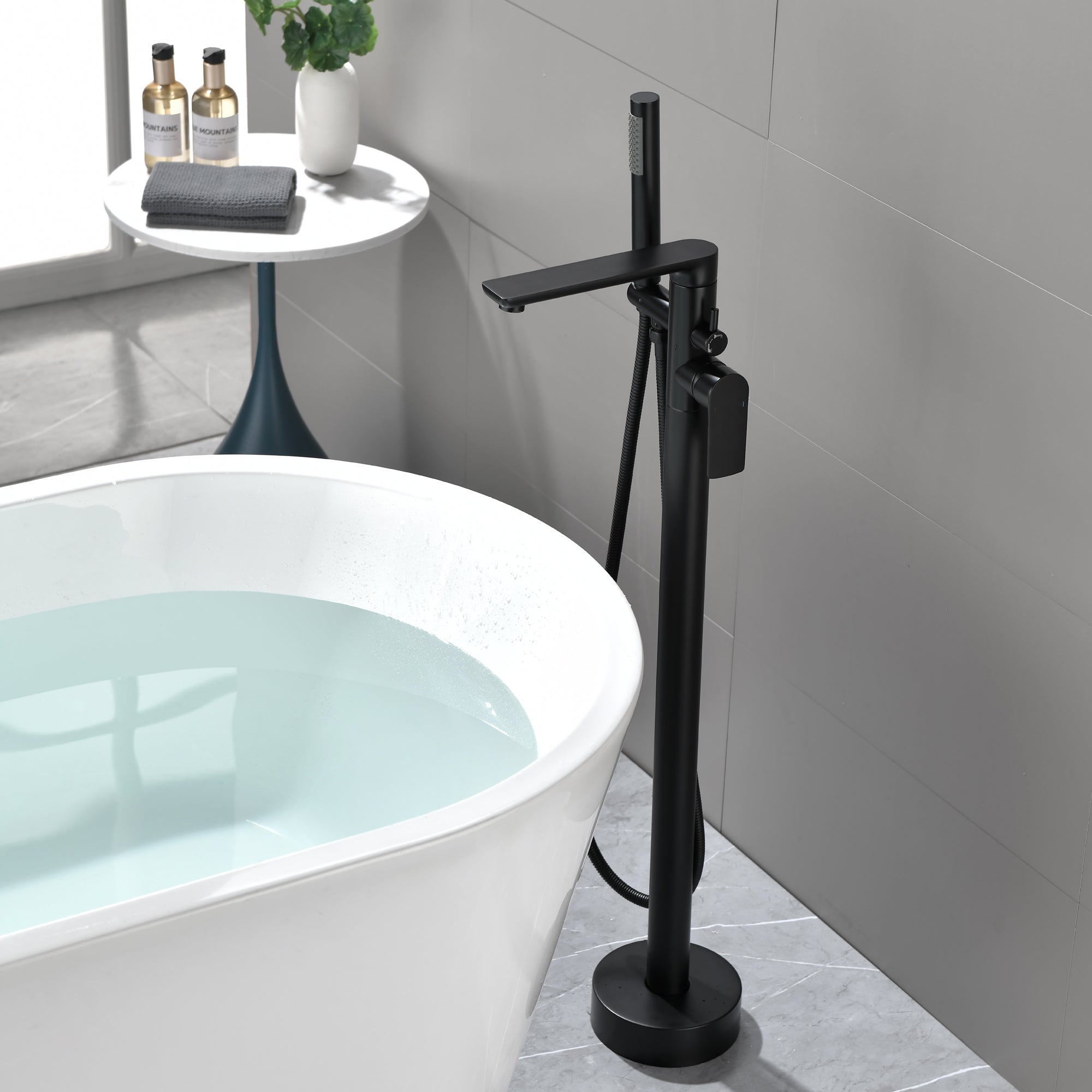 Single Handle Dual Control Floor Mounted Freestanding Bathtub Faucet with Hand Shower