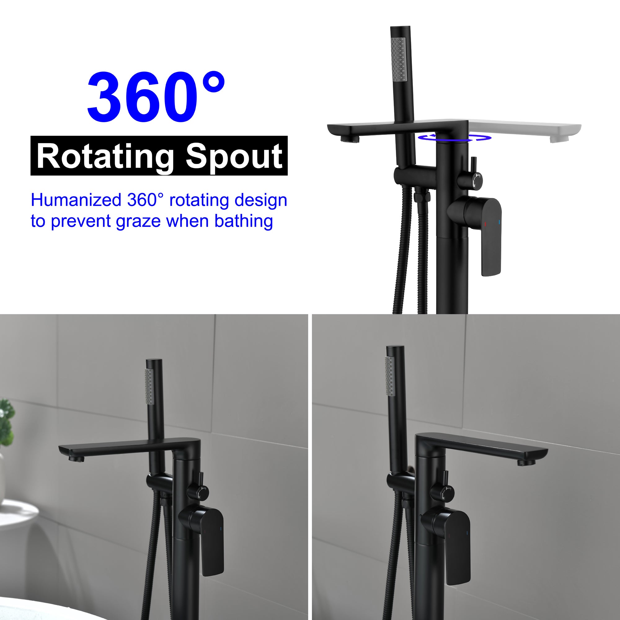 Single Handle Dual Control Floor Mounted Freestanding Bathtub Faucet with Hand Shower