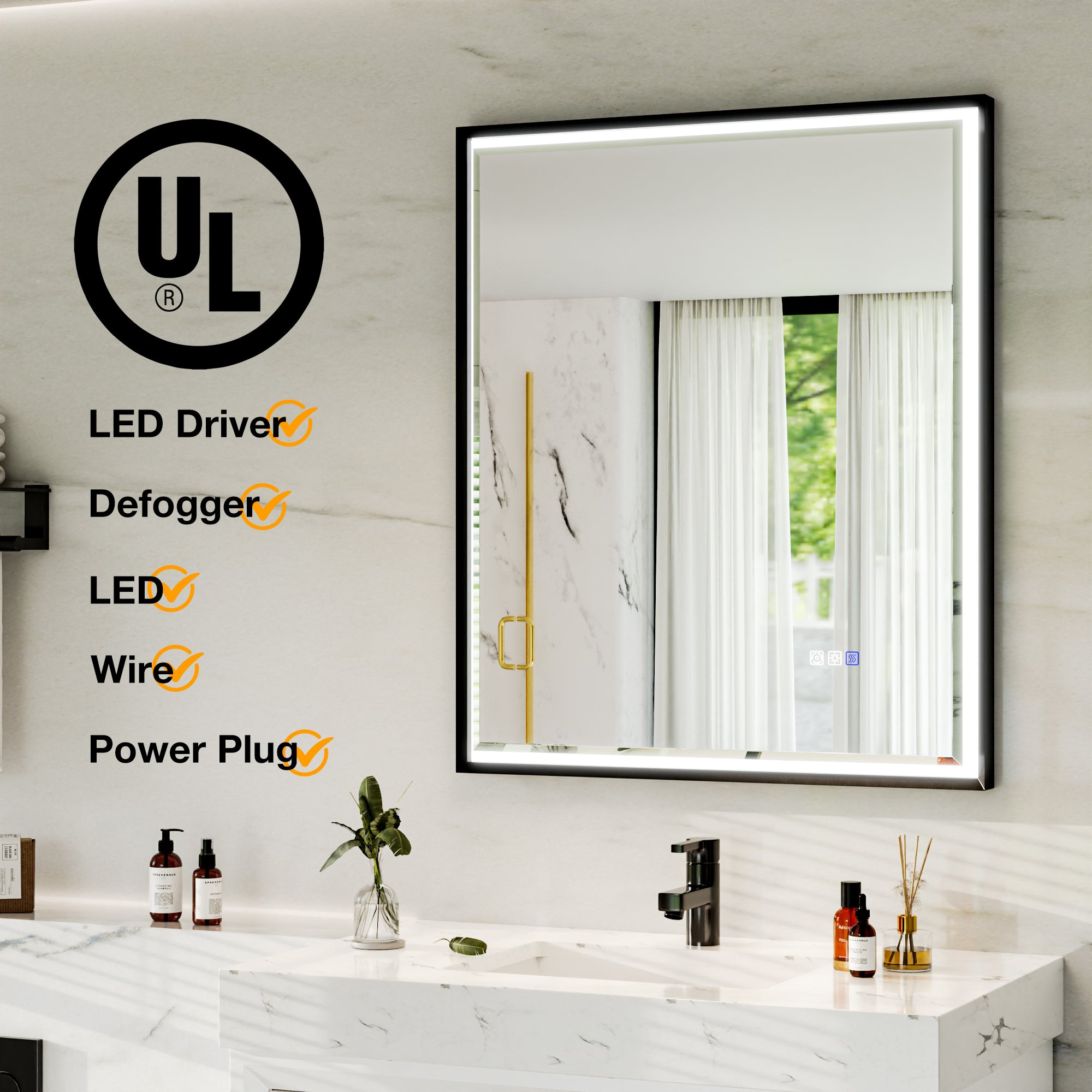 30 in. W x 36 in. Aluminum Framed LED Bathroom Mirror - Anti-Fog, Dimmable, Smart Memory, Matte Black