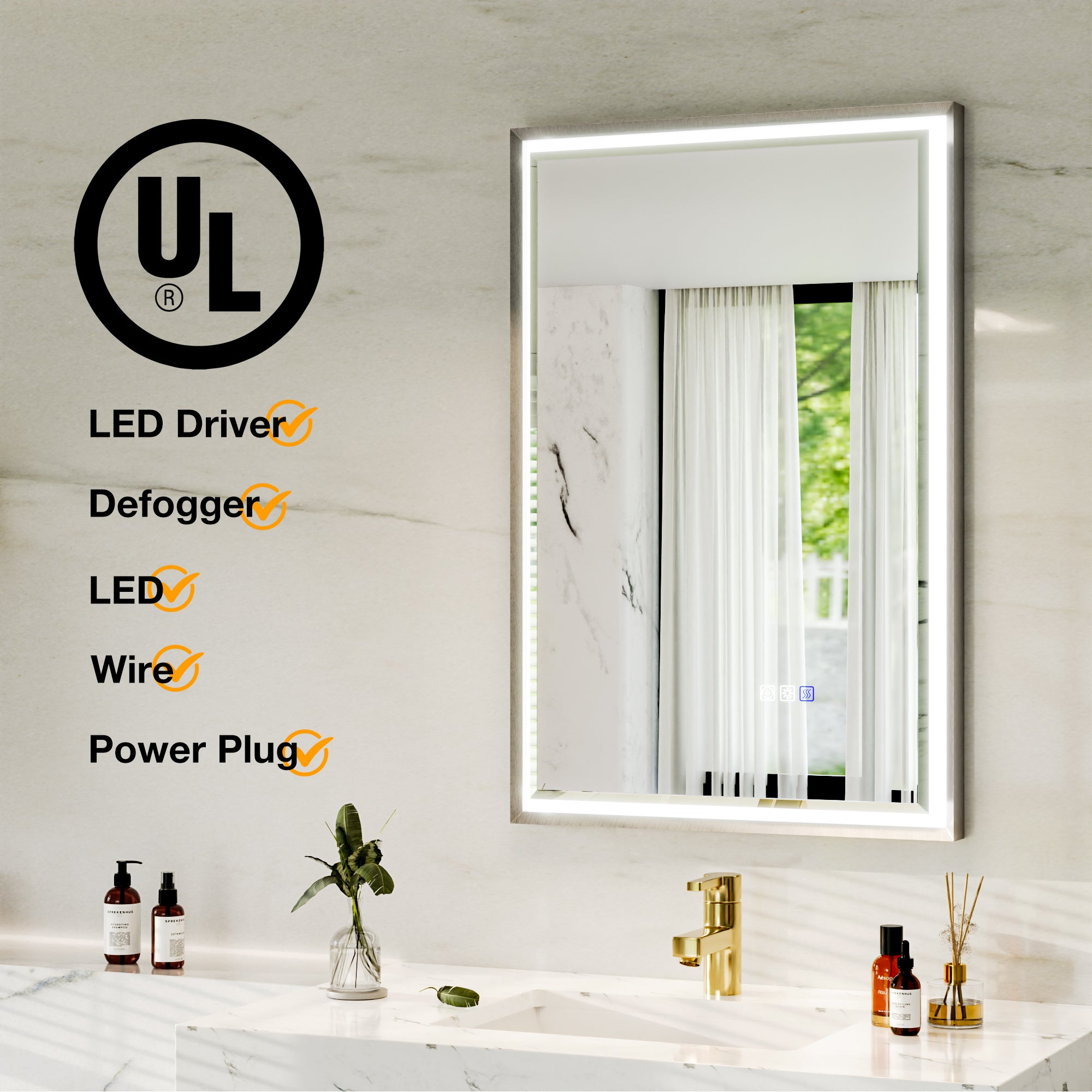 22 in. W x 34 in. Aluminum Framed LED Bathroom Mirror - Anti-Fog, Dimmable, Smart Memory, Brushed Nickel