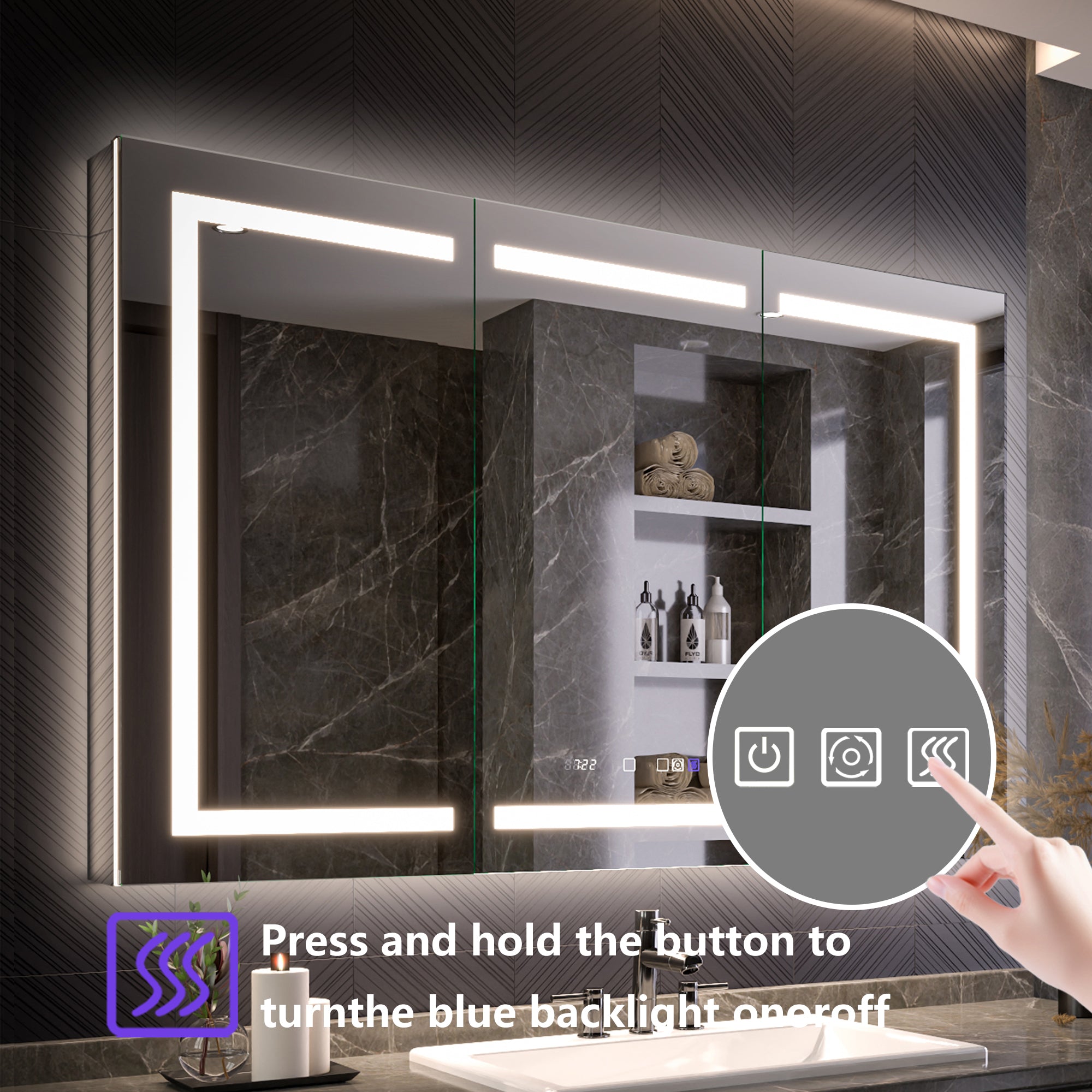 WELLFOR 54 in. x 36 in. Recessed/Surface Mount Medicine Cabinet with 10x Magnifier Mirror with Outlet, Clock and Temperature