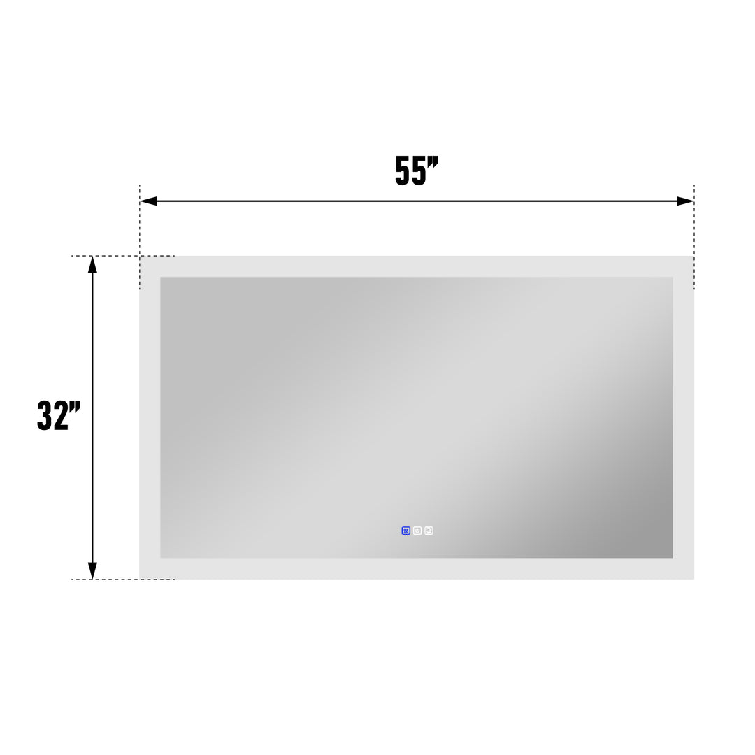 55 in. W x 32 in. H Rectangular Frameless Anti-Fog LED Illuminated Dimmable Wall Mount Premium Bathroom Vanity Mirror