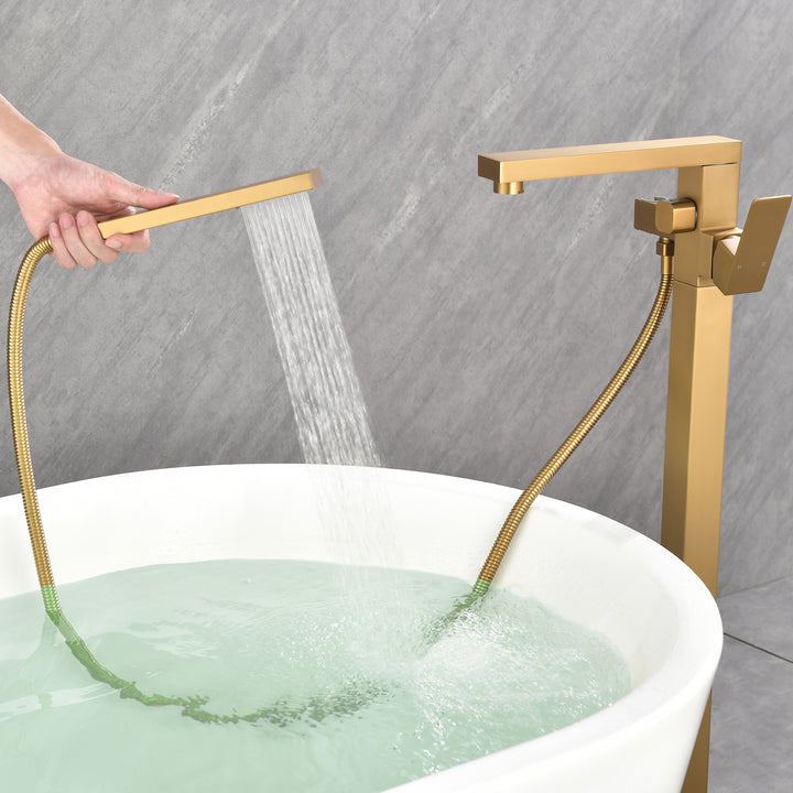 Single-Handle Freestanding Bath Tub Filler Faucet Handheld Shower in Gold