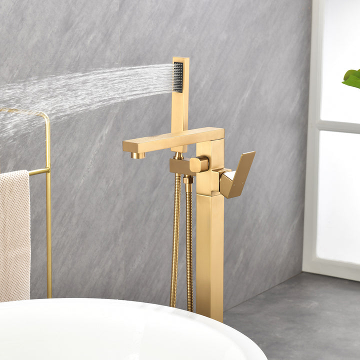 Single-Handle Freestanding Bath Tub Filler Faucet Handheld Shower in Gold