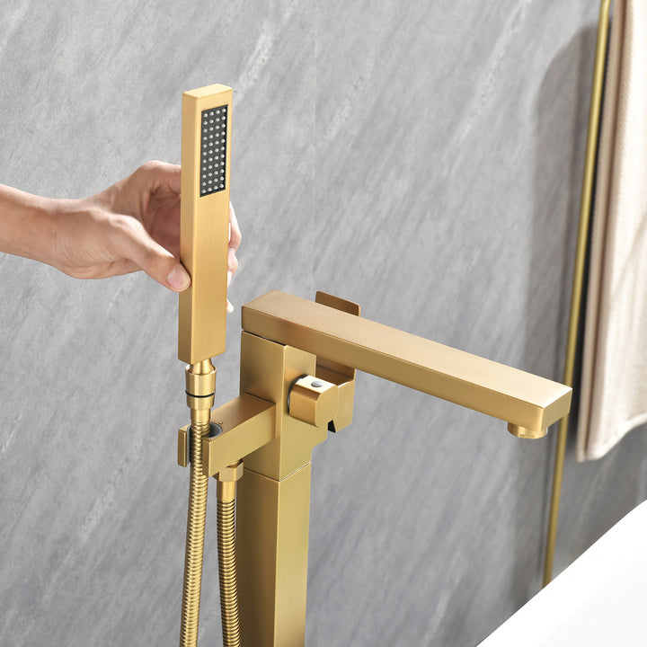 Single-Handle Freestanding Bath Tub Filler Faucet Handheld Shower in Gold