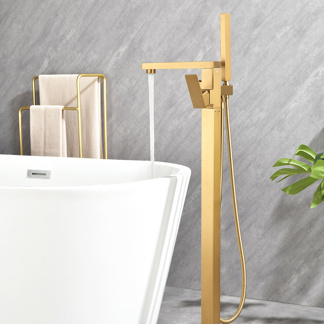 Single-Handle Freestanding Bath Tub Filler Faucet Handheld Shower in Gold