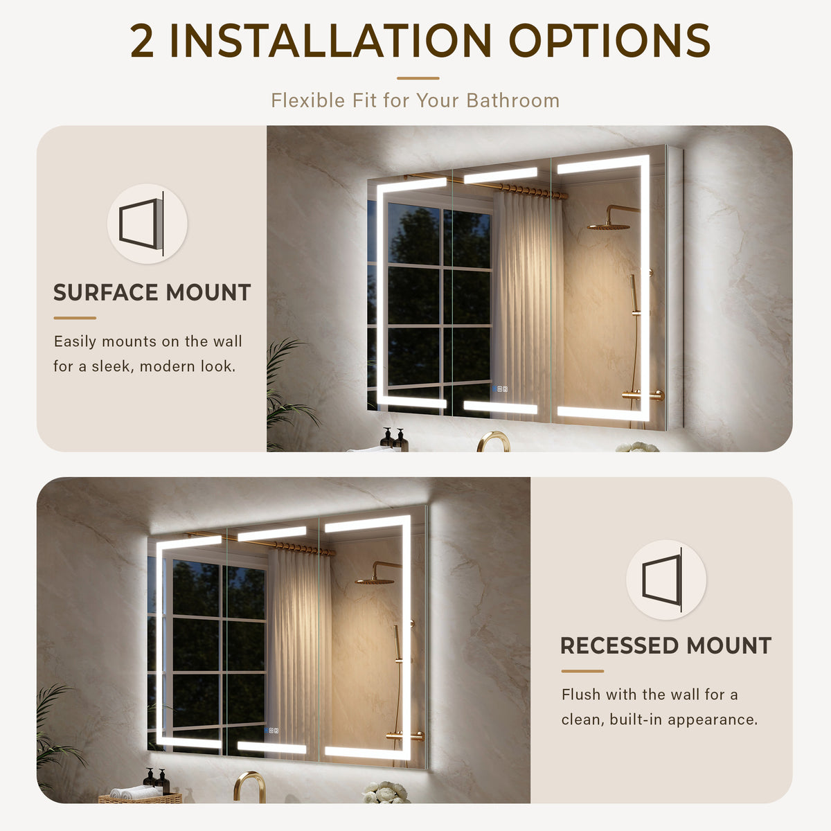 54 in. x 36 in. Aluminum LED Bathroom Medicine Cabinet with Anti-Fog, Dimmable Lighting, Outlet, Surface or Recessed Mount