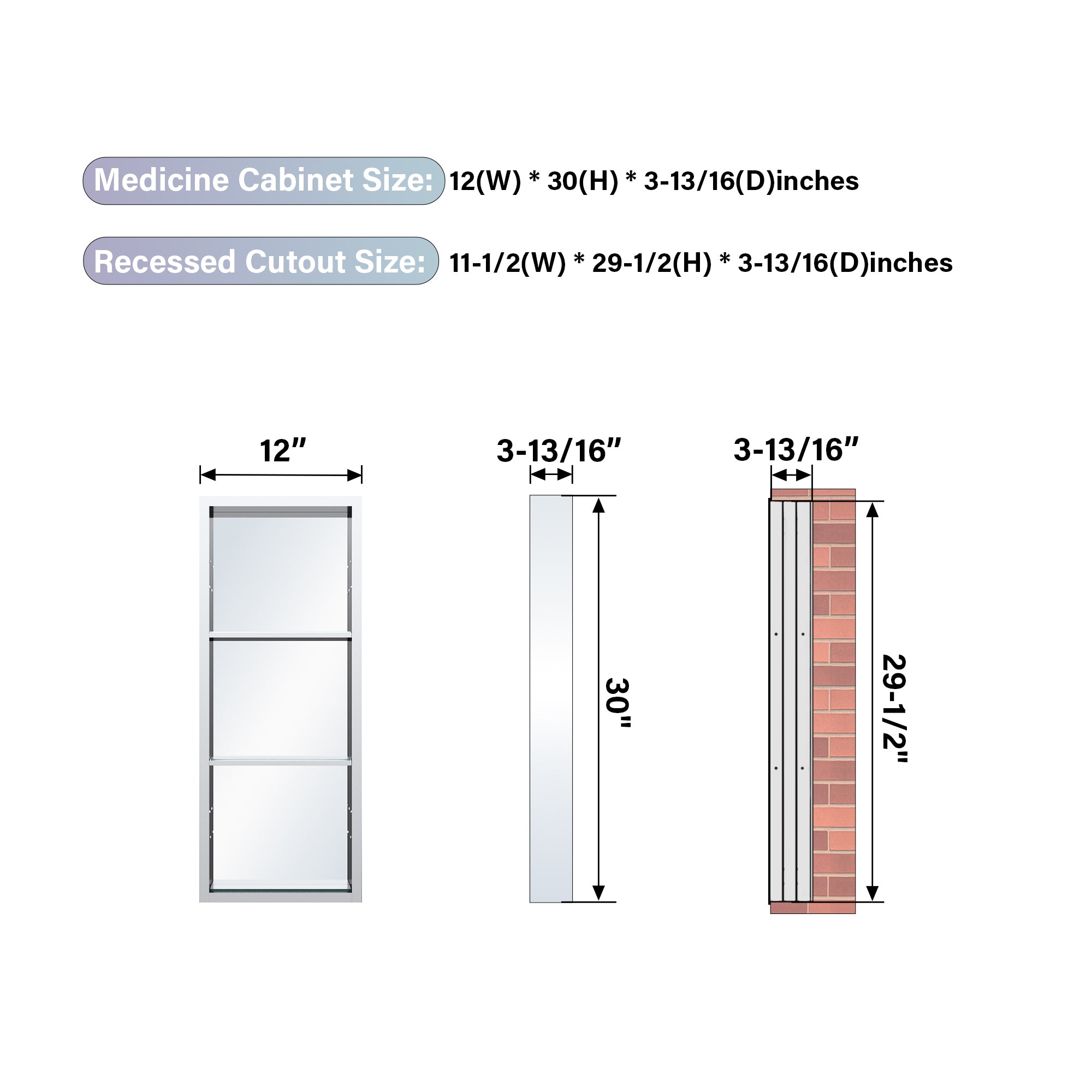 12 in.×30 in. Recessed/Surface Mount Aluminum Medicine Cabinet with Open Shelves and 3 PCS Tempered Glass
