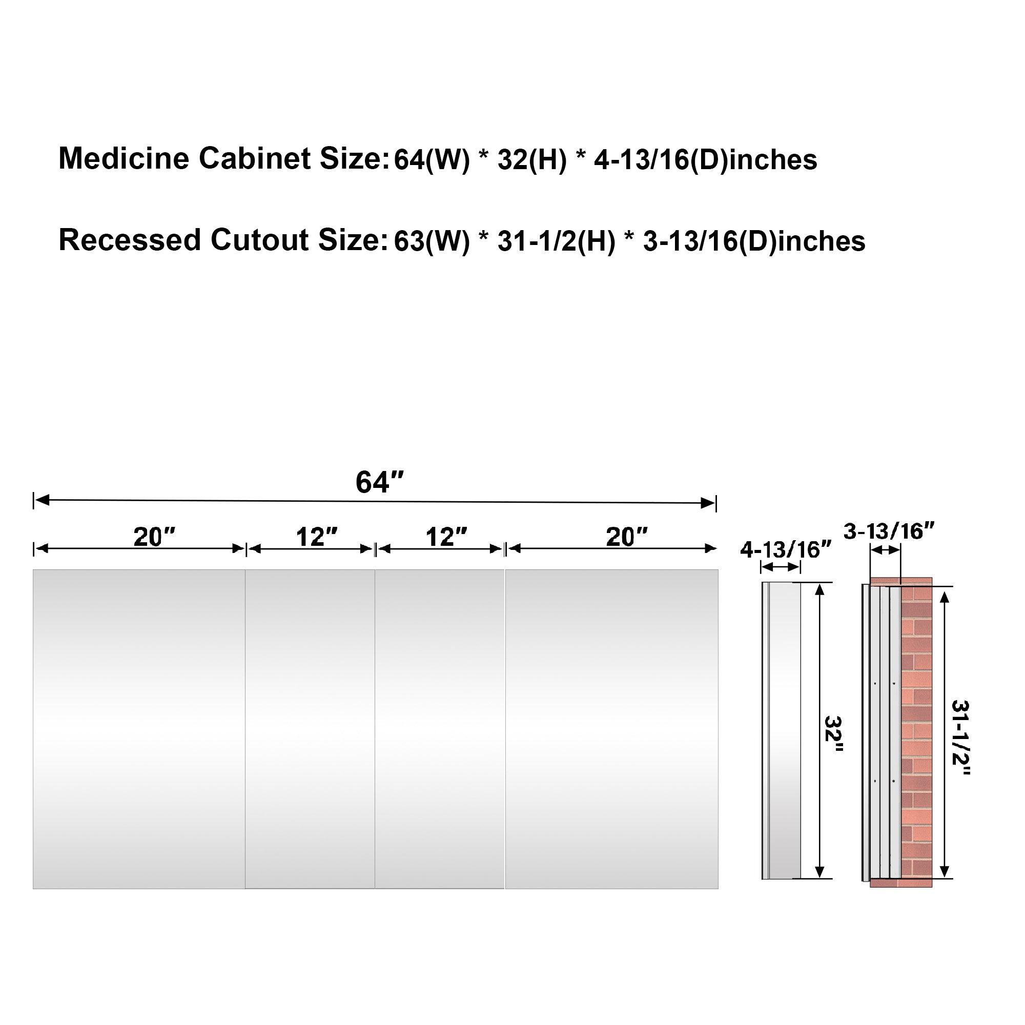 64 in.×32 in.H Copper-Free Mirror Medicine Cabinet with Soft-Close Blum® Hinges and 4 Doors