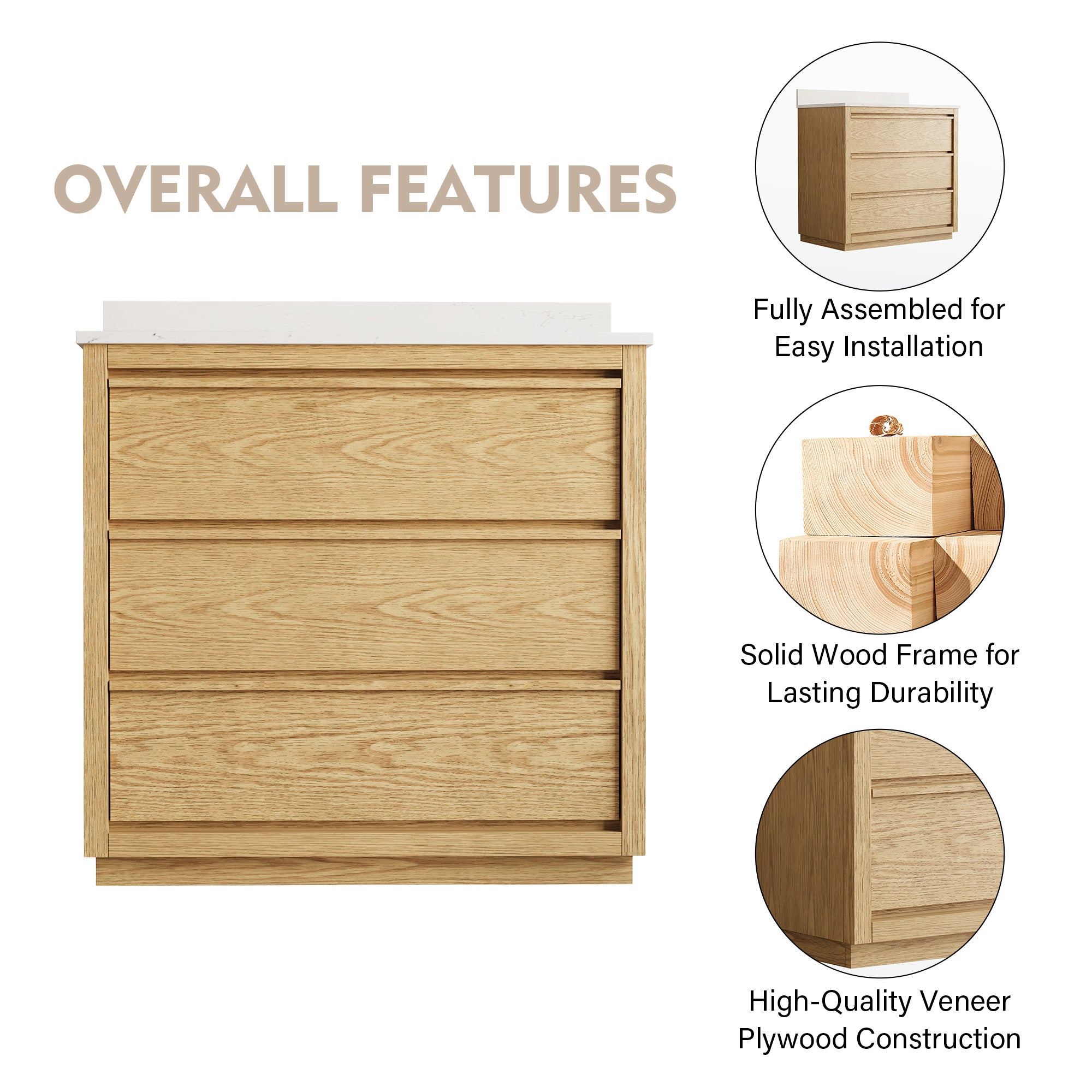 36 Inch Oak Soild Wood Bathroom Vanity with Single Undermount Sink, 3 Dovetail-constructed Drawers