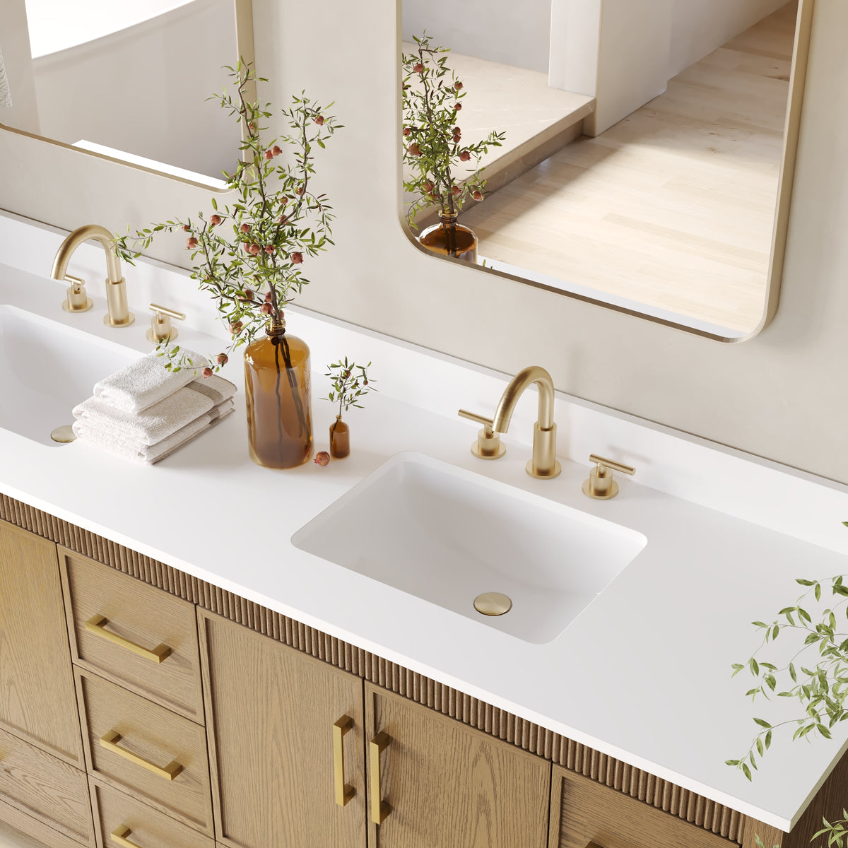 84 Inch Freestanding Solid Wood Bathroom Vanity with Pure White Quartz Countertop, 4 Soft-Close Doors & 11 Dovetail Drawers, Walnut