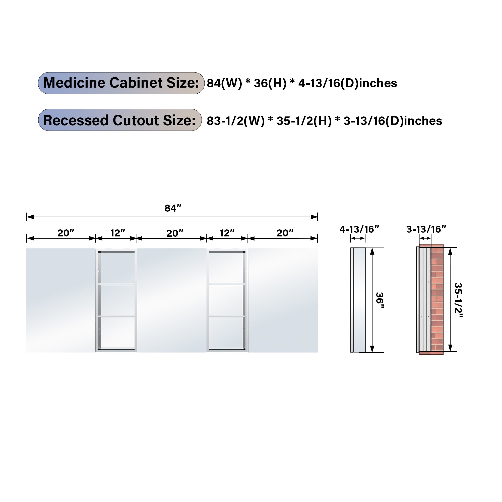 84 in. ×36 in. Aluminum Bathroom Medicine Cabinet and Open Shelf Set, Recessed or Surface Mount