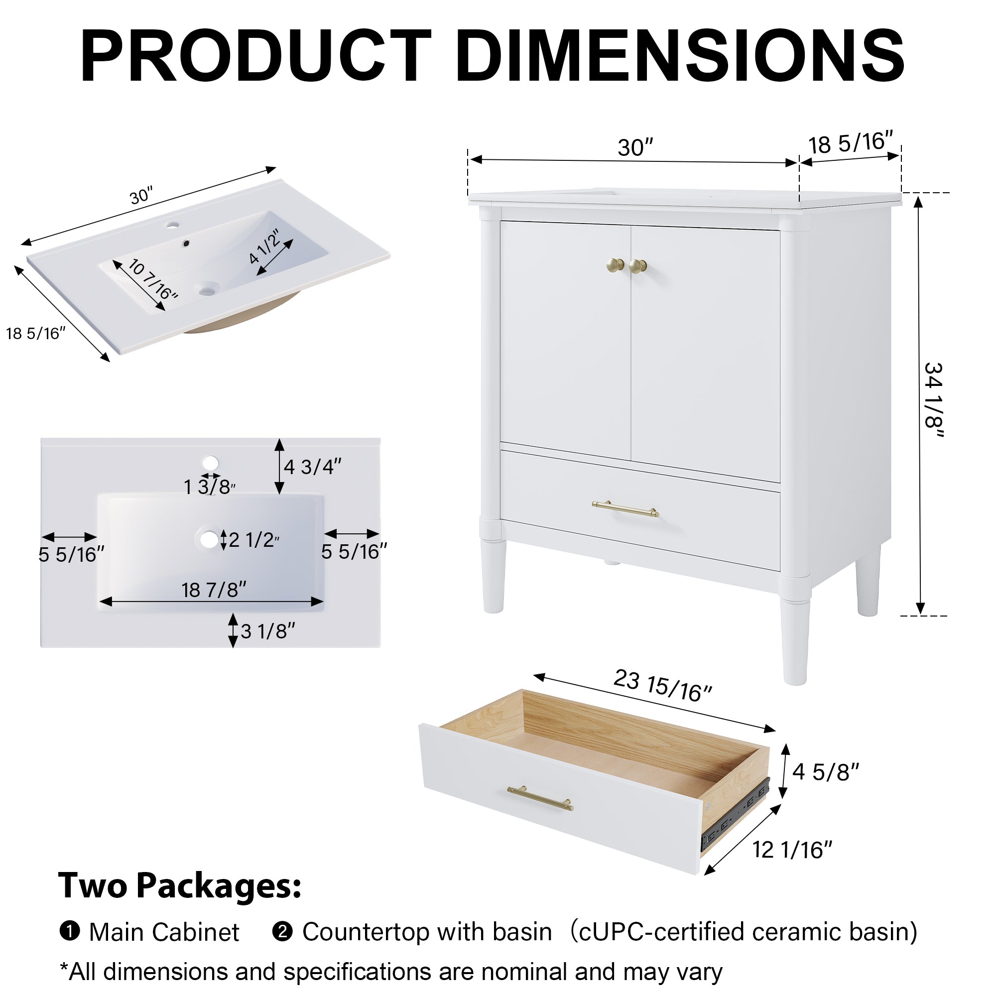 30 inch Solid Wood Freestanding Bathroom Vanity with Single Sink and Soft-Closing Doors, White