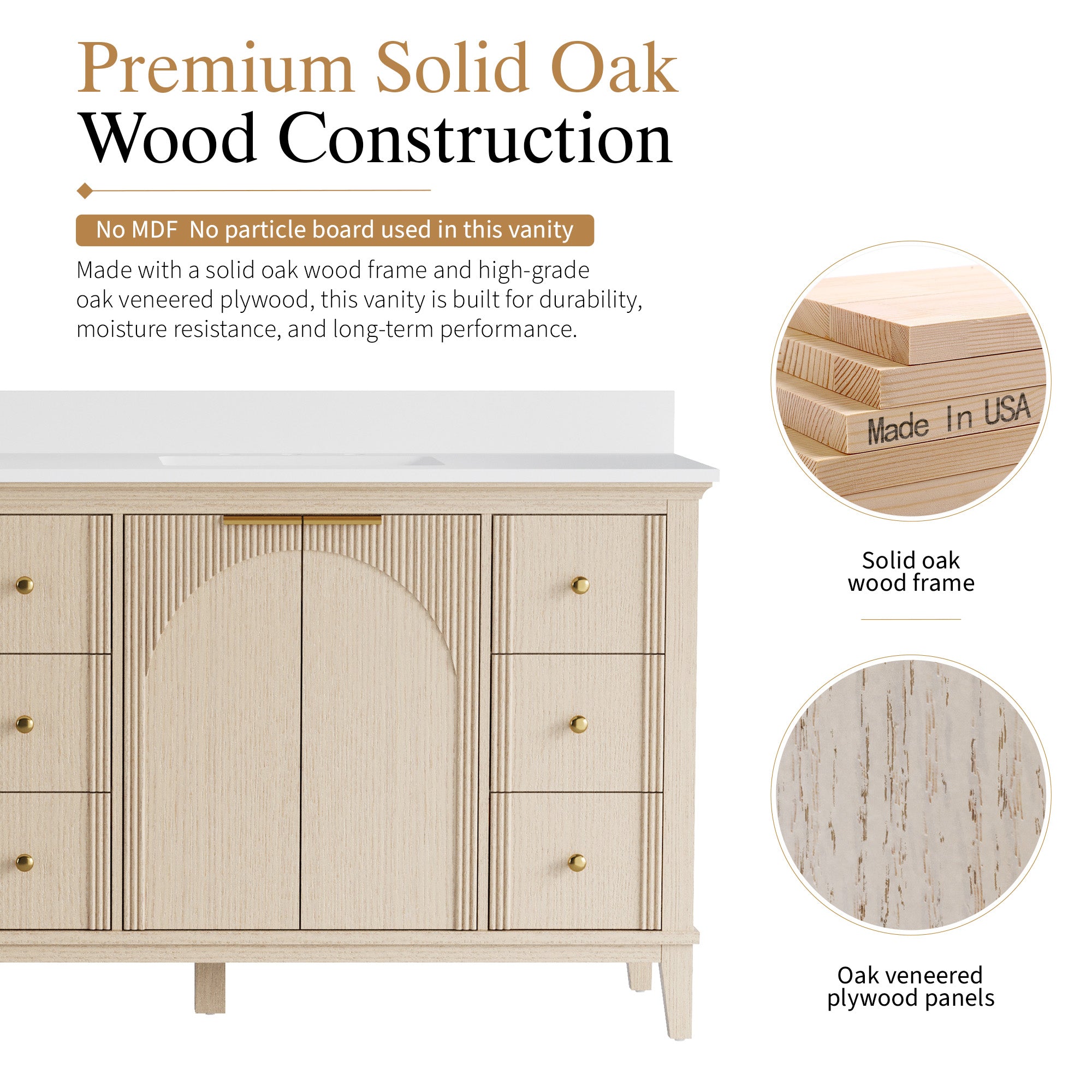 84 Inch Modern Light Oak Solid Wood Bathroom Vanity with White Quartz Countertop & 9 Soft-Close Drawers