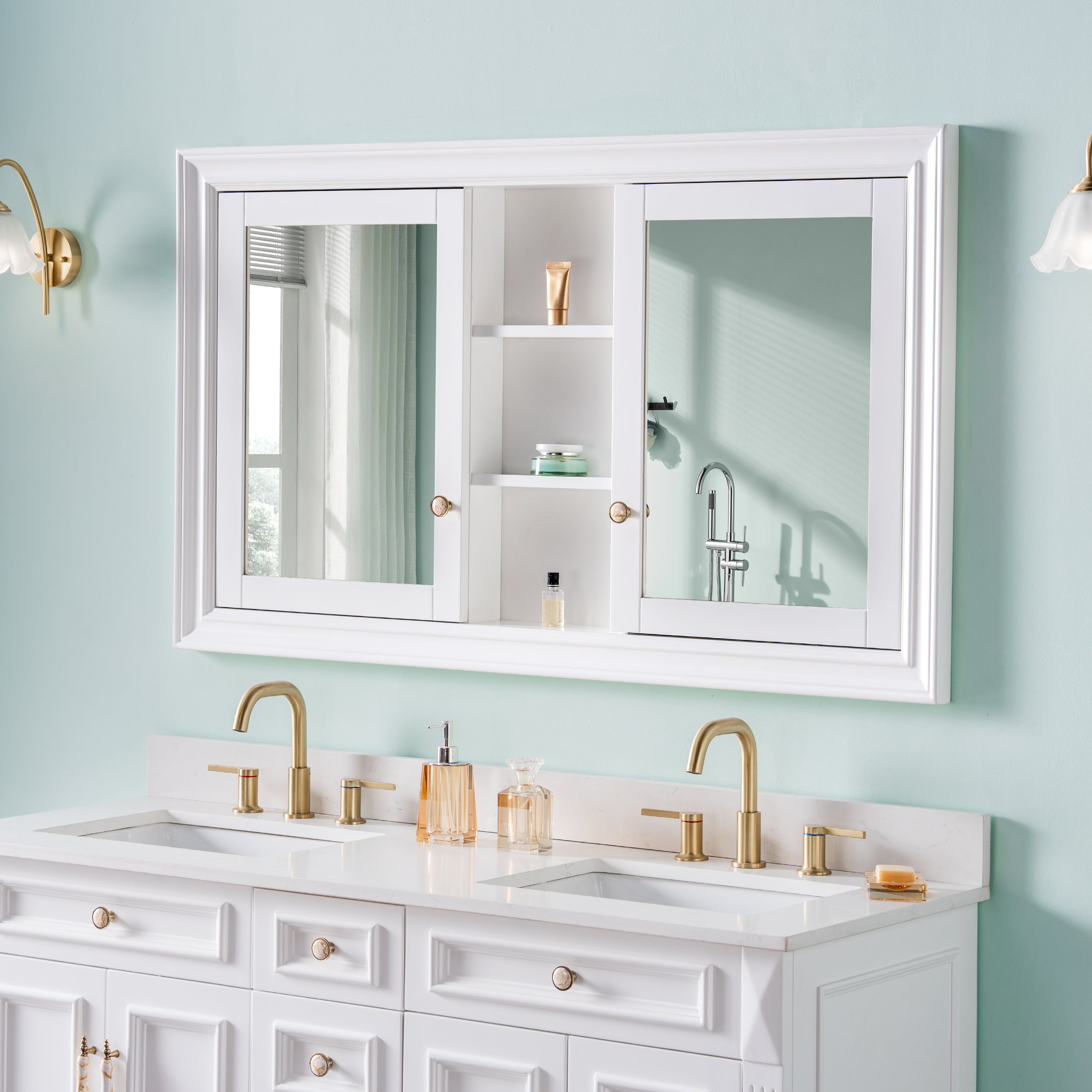 55 in.W x 32 in.H Recessed Bathroom Medicine Cabinet with Mirror in White