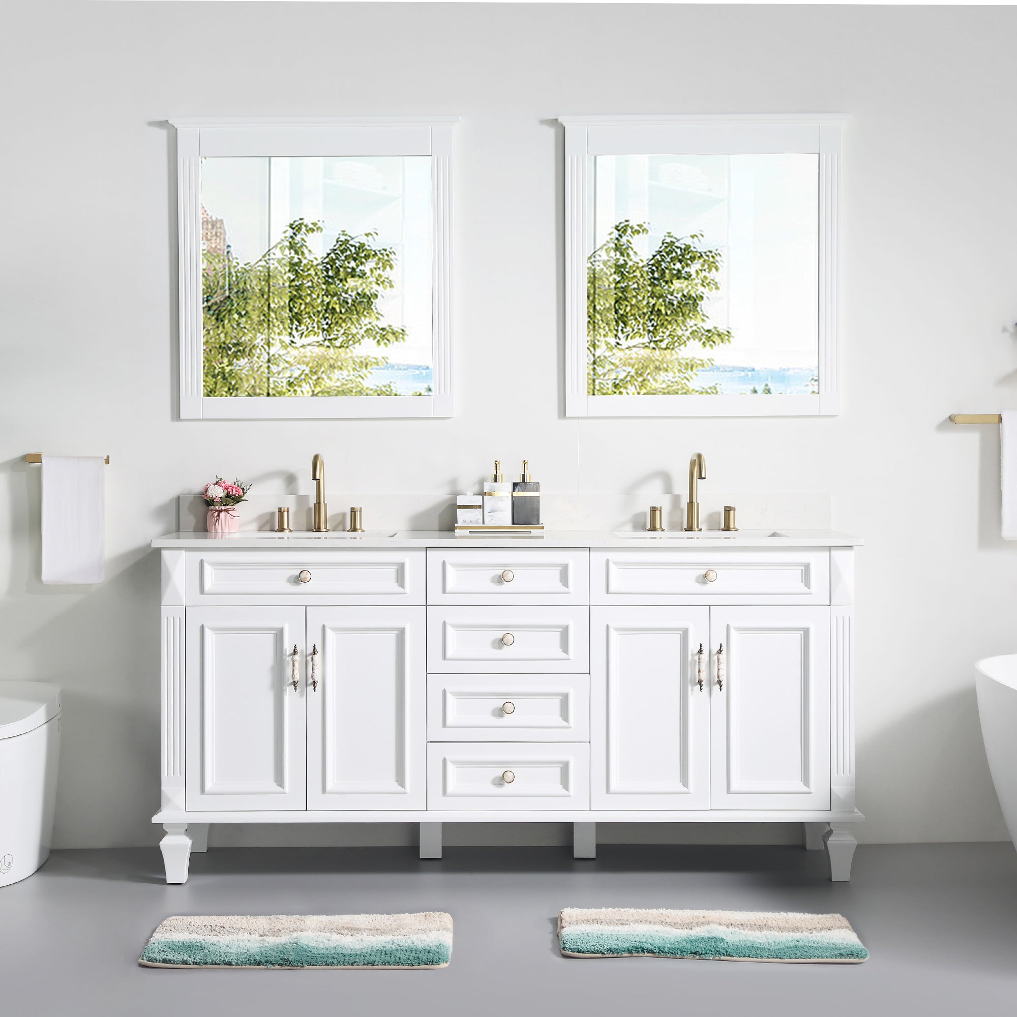 72 in. White Single Sink Freestanding Solid Wood Bathroom Vanity Storage Organizer with Carrara White Quartz Countertop