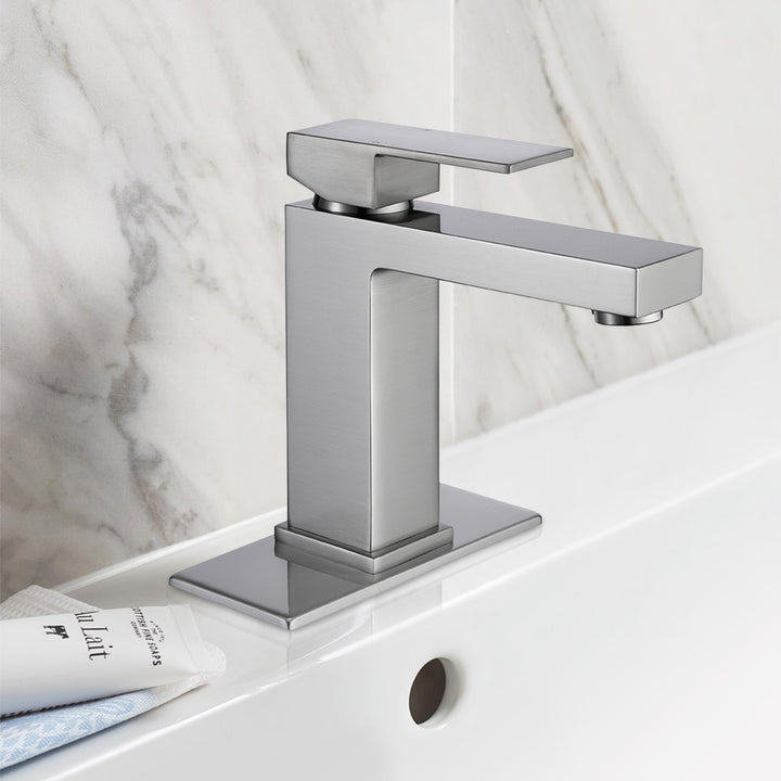 Single Hole Single-Handle Bathroom Faucet with Deckplate and Supply Line in Brushed Nickel