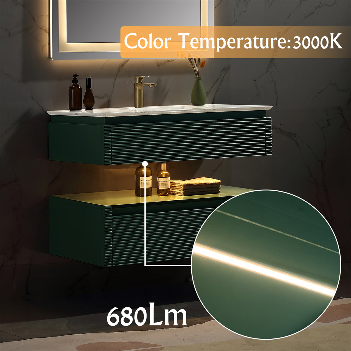 36" Floating Bathroom Vanity Set in Green with Lights and White Marble Countertop
